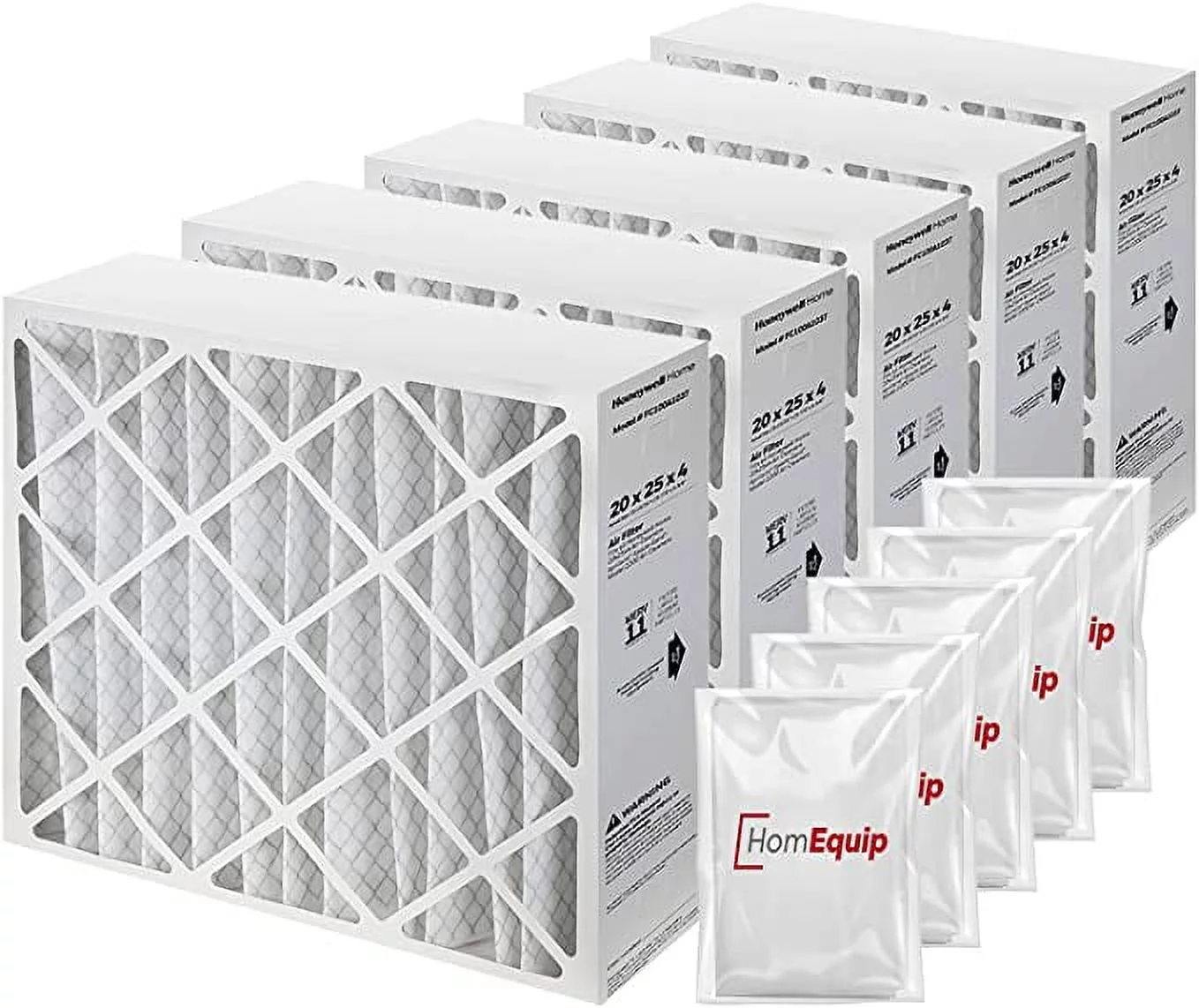 Honeywell FC100A1037 Furnace Filters, 20x25x4 Air Filter Replacement Merv 11 Filter Media with Homequip Disposal Bag (5 Pack)