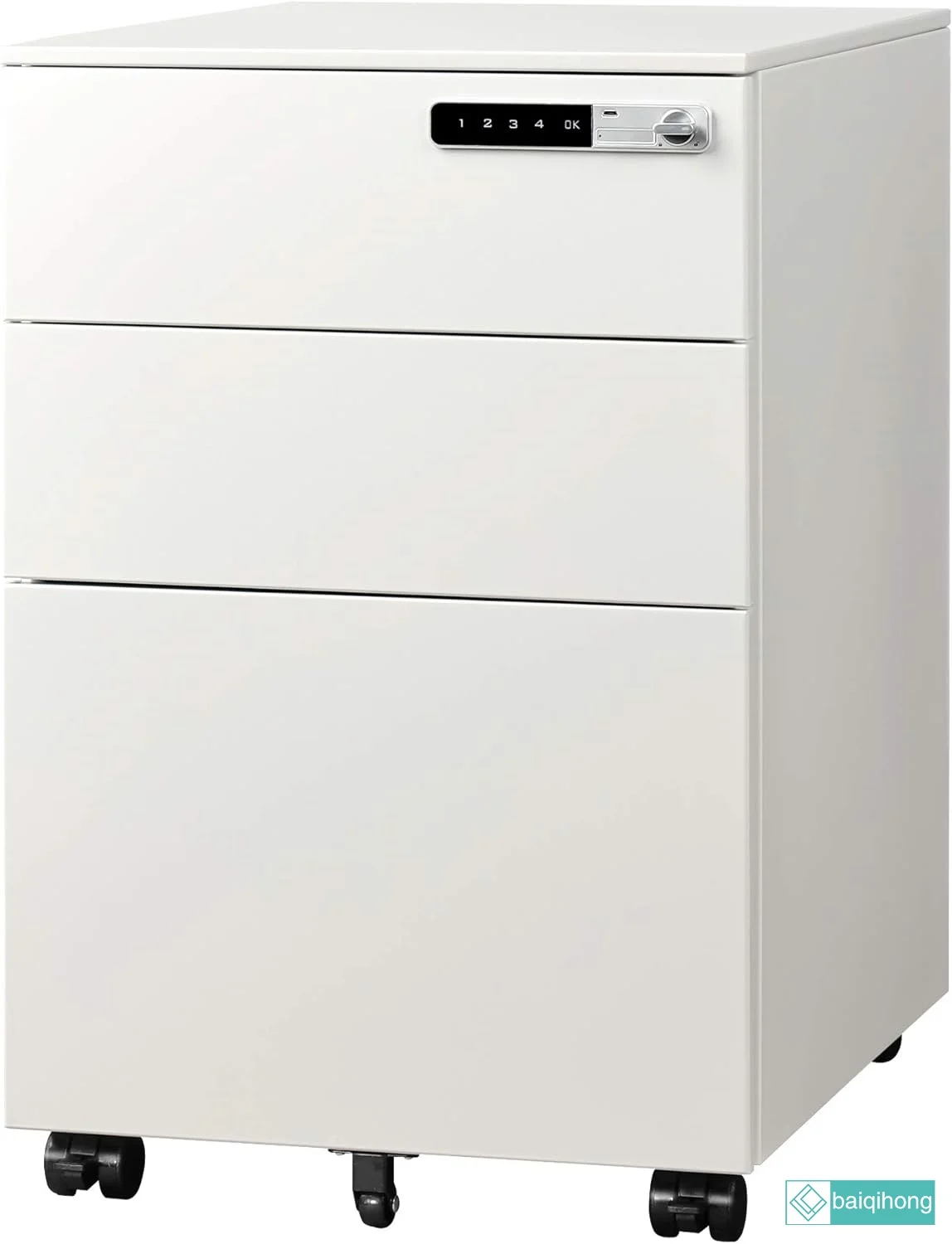 3-Drawer Mobile File Cabinet with Smart Lock, Pre-Assembled Steel Pedestal Under Desk, White