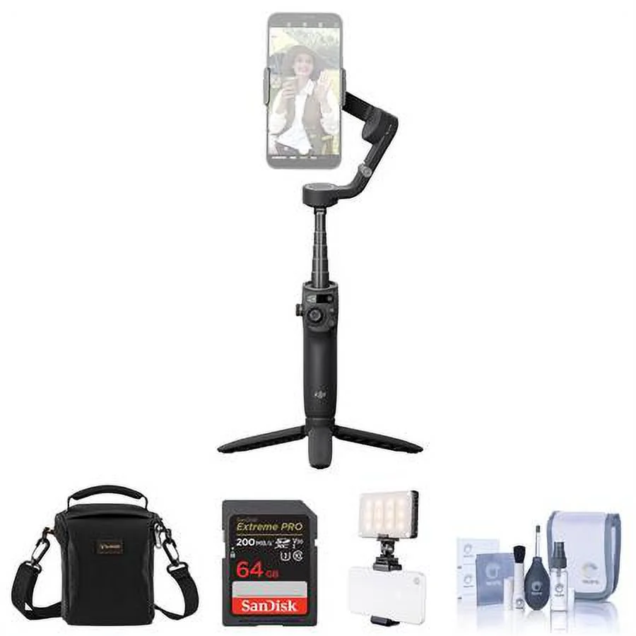Osmo Mobile 6 Smartphone Gimbal Black, Bundle with Shoulder Bag, Cleaning Kit, 64GB SD Card, Smart Light