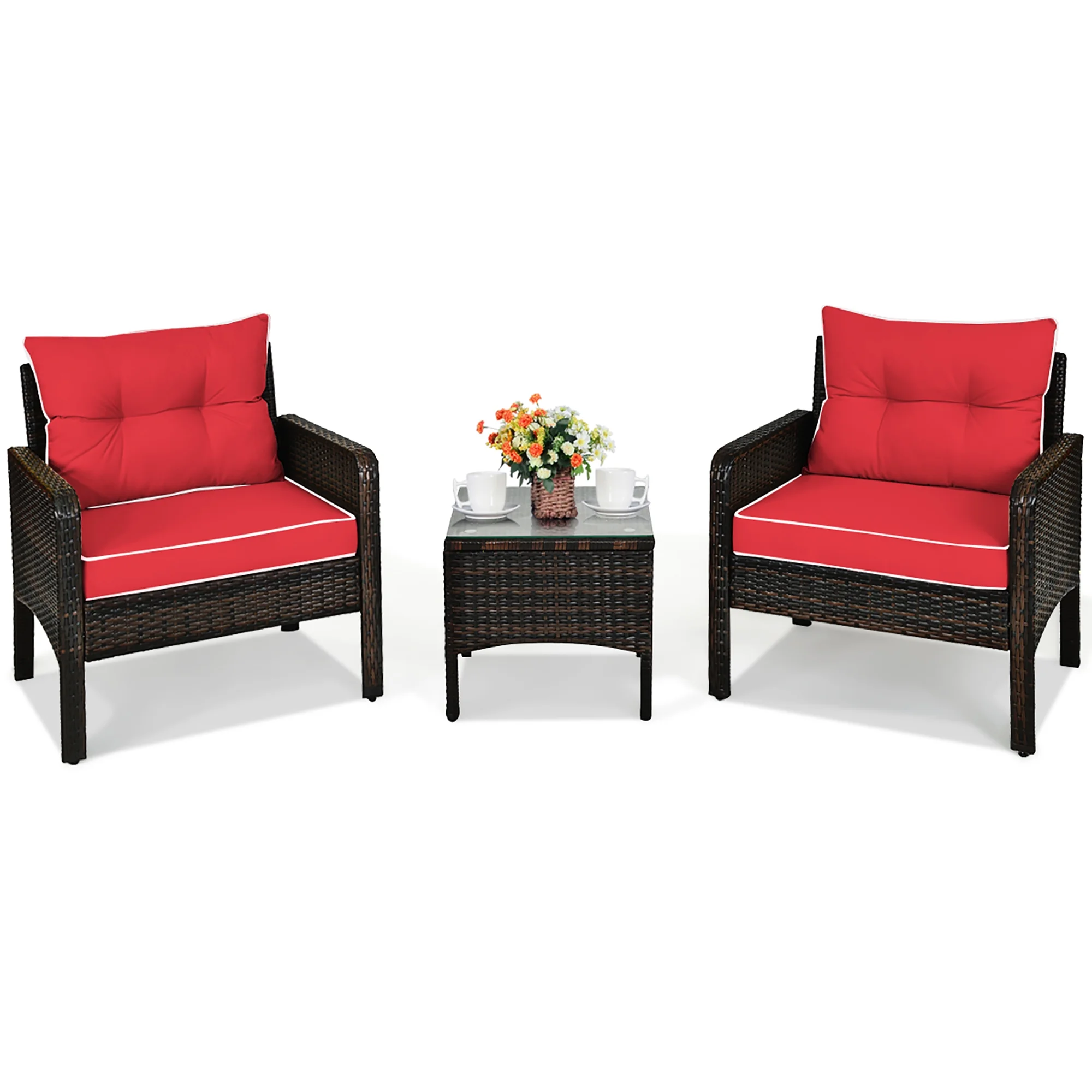 Costway 3PCS Outdoor Rattan Conversation Set Patio Furniture Cushioned Sofa Chair Red