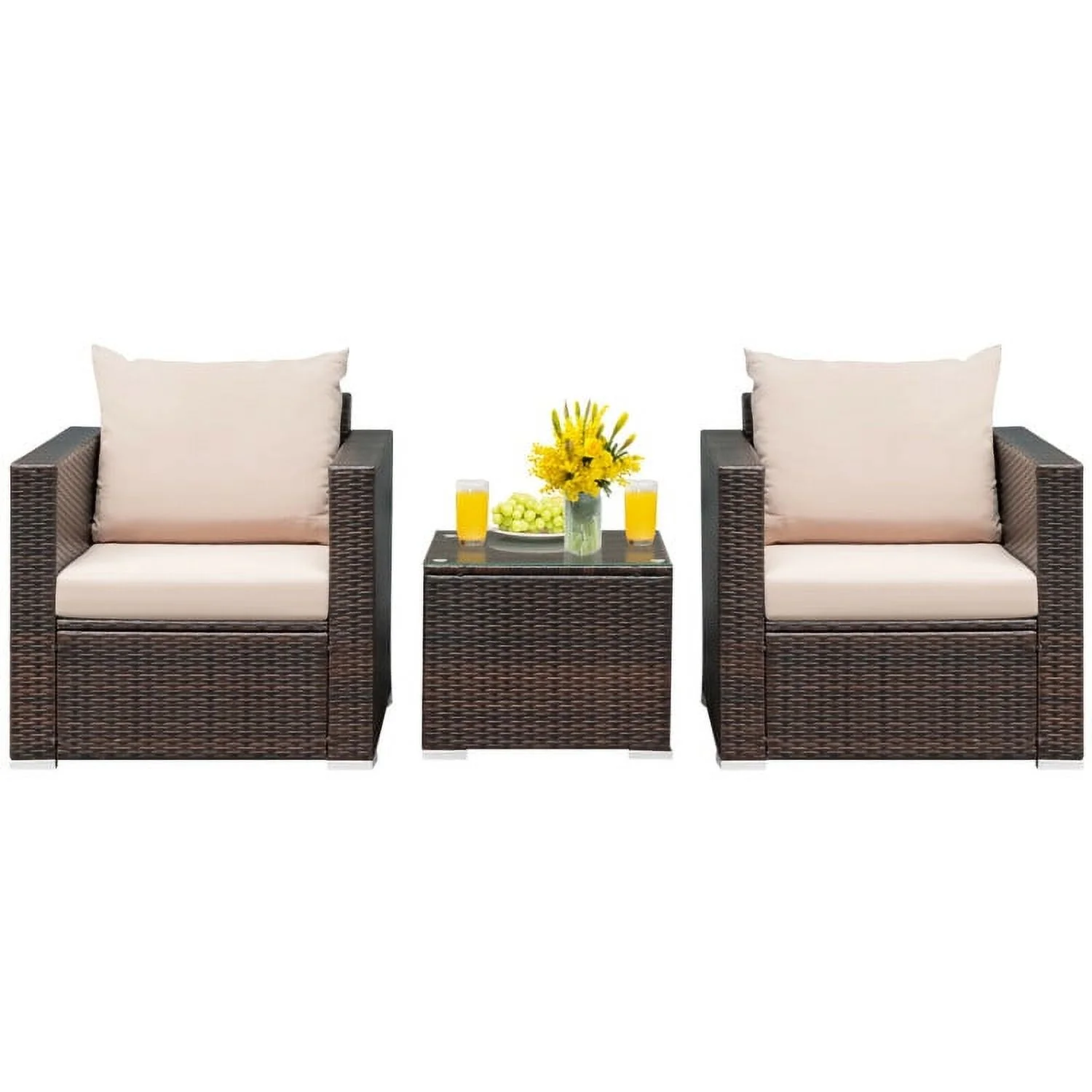 Kadyn Patio Furniture Sets, Outdoor Bistro Conversation Set, 3 Pcs Patio Conversation Rattan Furniture Set with Cushion-Beige