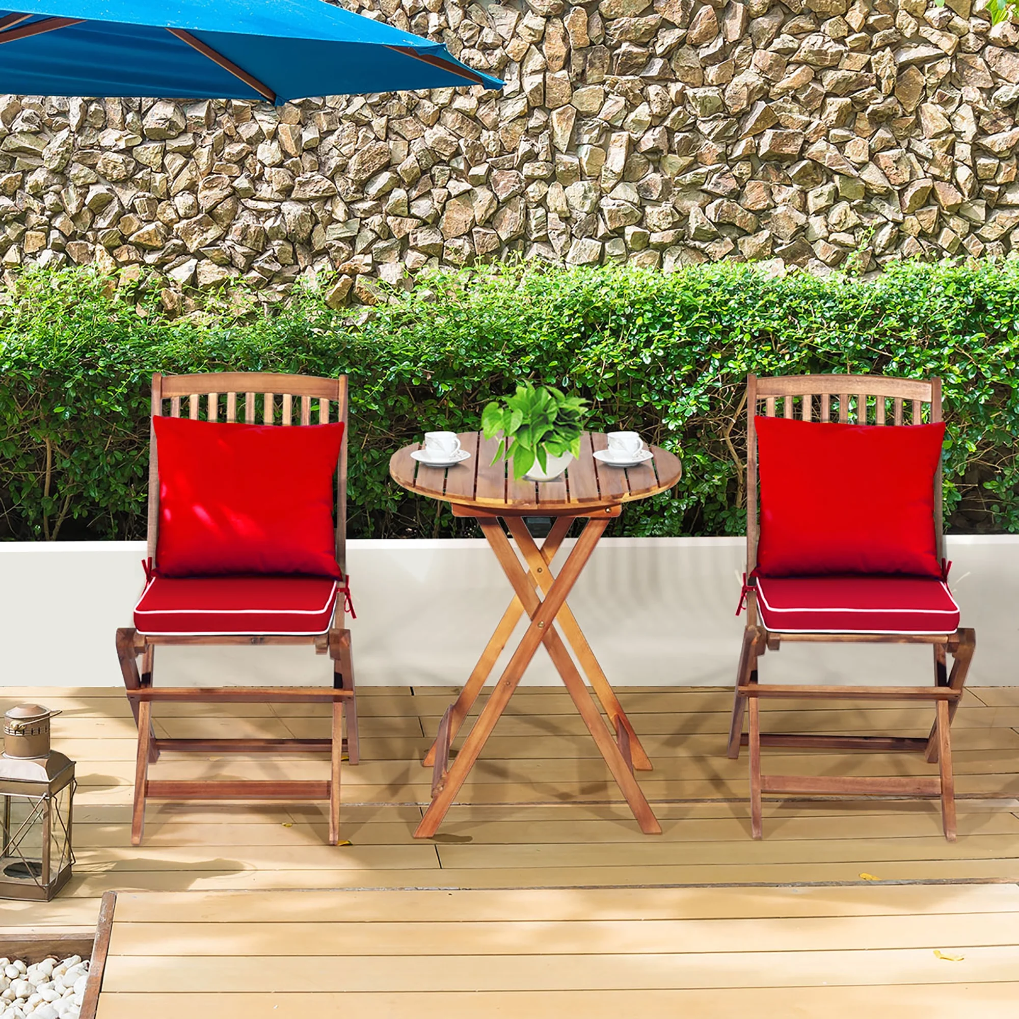 Costway 3PCS Patio Folding Wooden Bistro Set Cushioned Chair Conversation Garden Red