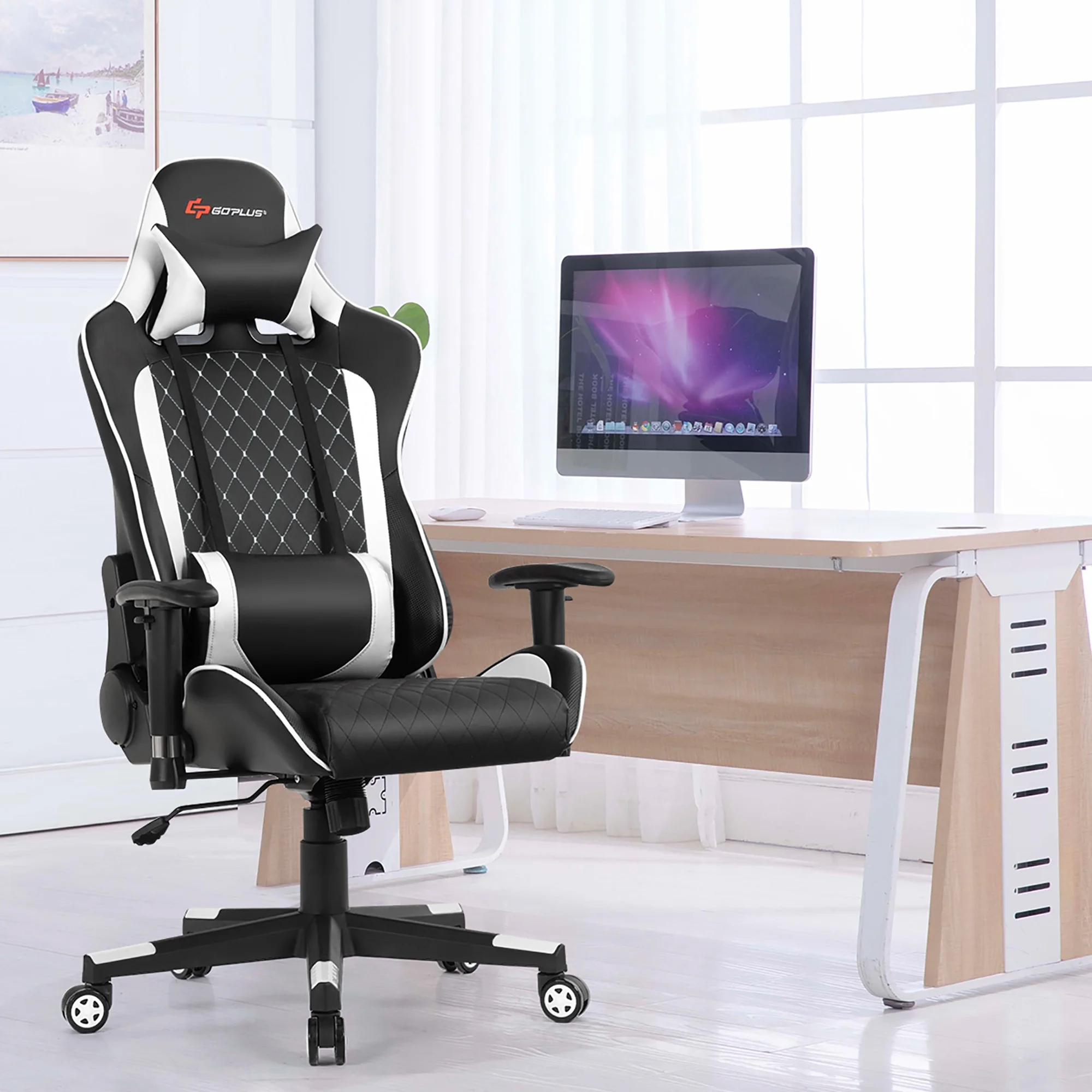 Goplus Massage Gaming Chair Reclining Racing Chair w/Lumbar Support and Headrest White