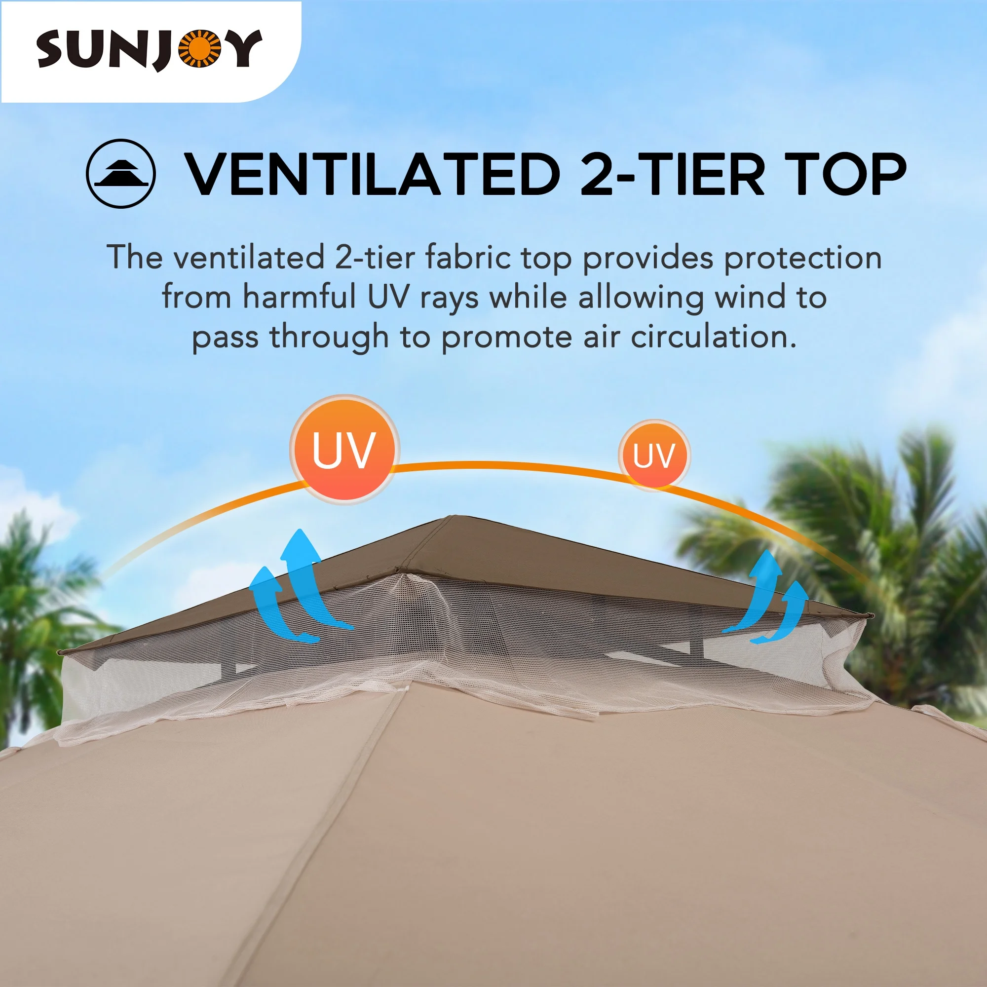 Sunjoy Shelby Outdoor Patio 9.5 x 9.5 ft. Steel Frame 2-Tier Soft Top Roof Gazebo with Ceiling hook, and Netting, Tan and Brown