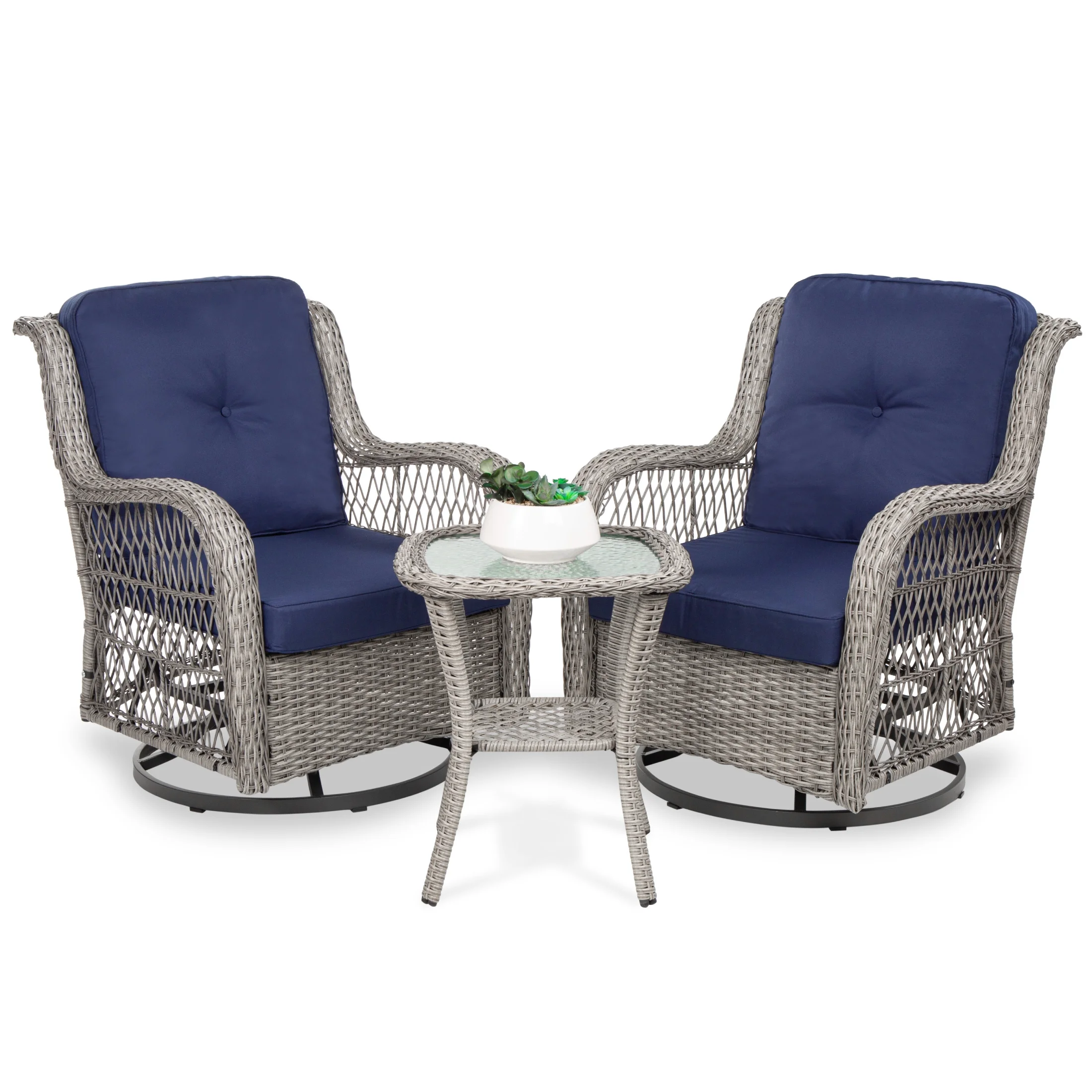 Best Choice Products 3-Piece Patio Wicker Bistro Furniture Set w/ 2 Cushioned Swivel Rocking Chairs, Side Table - Navy