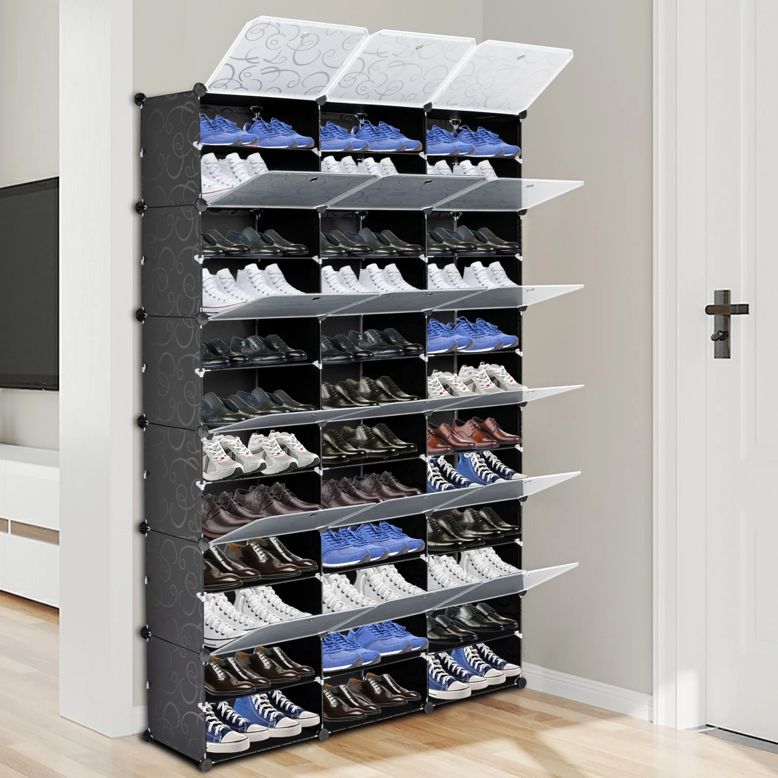 Kinaerty 12-Tier Portable 72 Pair Shoe Rack Organizer 36 Grids Tower Shelf Storage Cabinet Stand Expandable for Heels, Boots, Slippers, Black