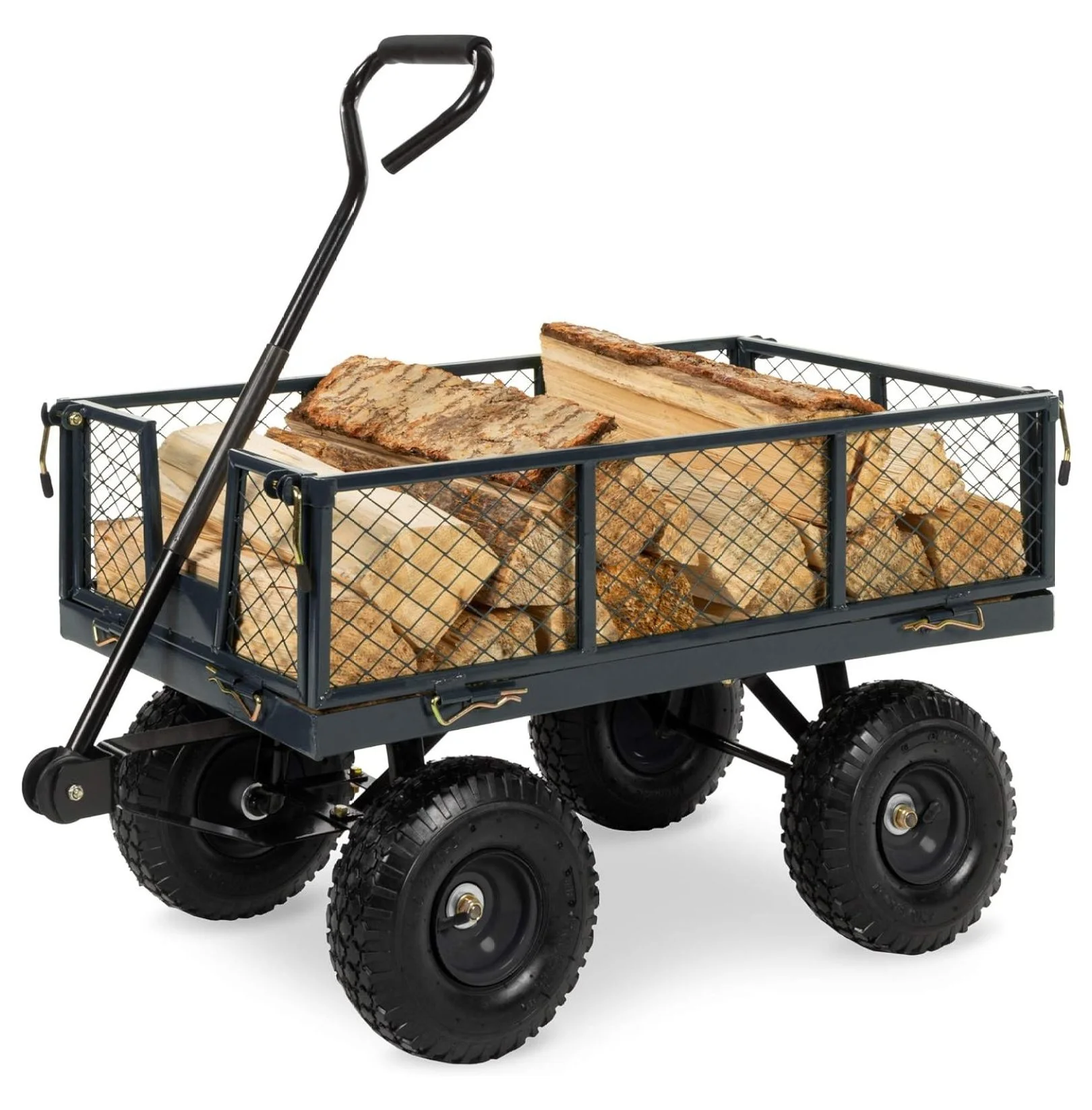 QuellQuest Utility Garden Cart Wagon for Lawn, Yard w/Heavy-Duty Steel 400lb Weight Capacity, Removable Sides, Long Handle, 10in Tires - Gray