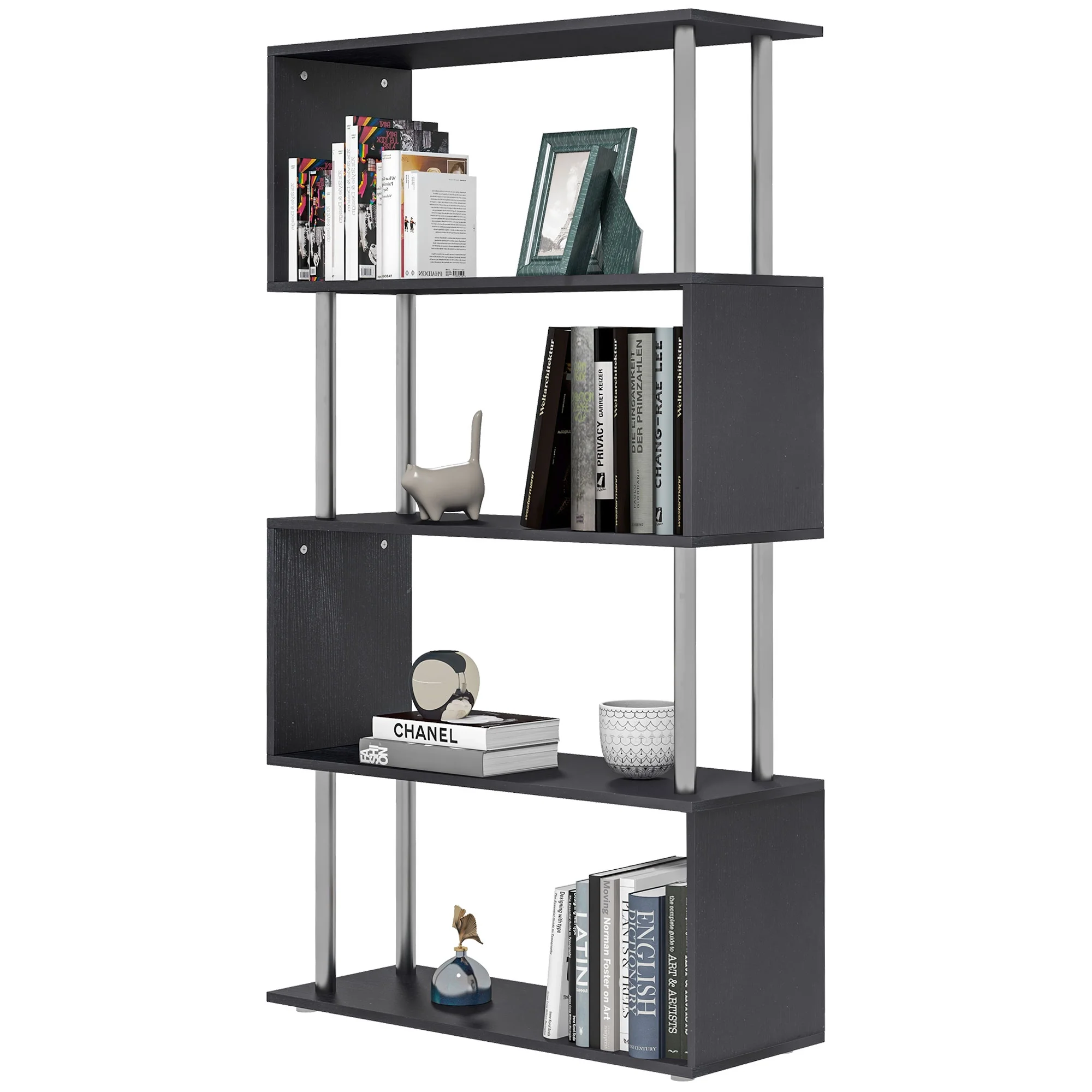 DeeHome Modern S-Shaped 5 Tier Room Dividing Bookcase Wooden Storage Display Stand Shelf - Black