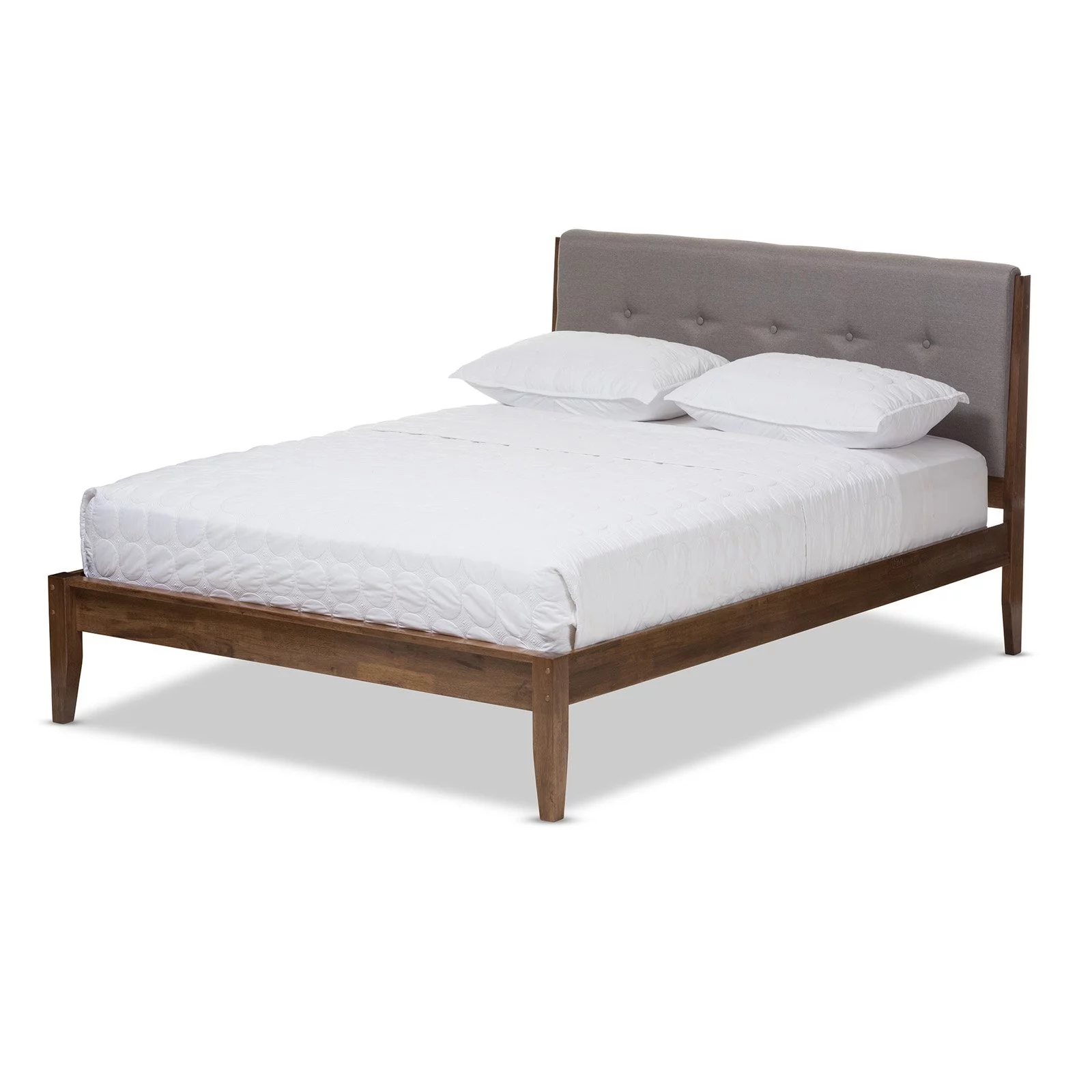 Baxton Studio Leyton Mid-Century Light Gray Fabric and Medium Brown Finish Wood Queen-Size Platform Bed