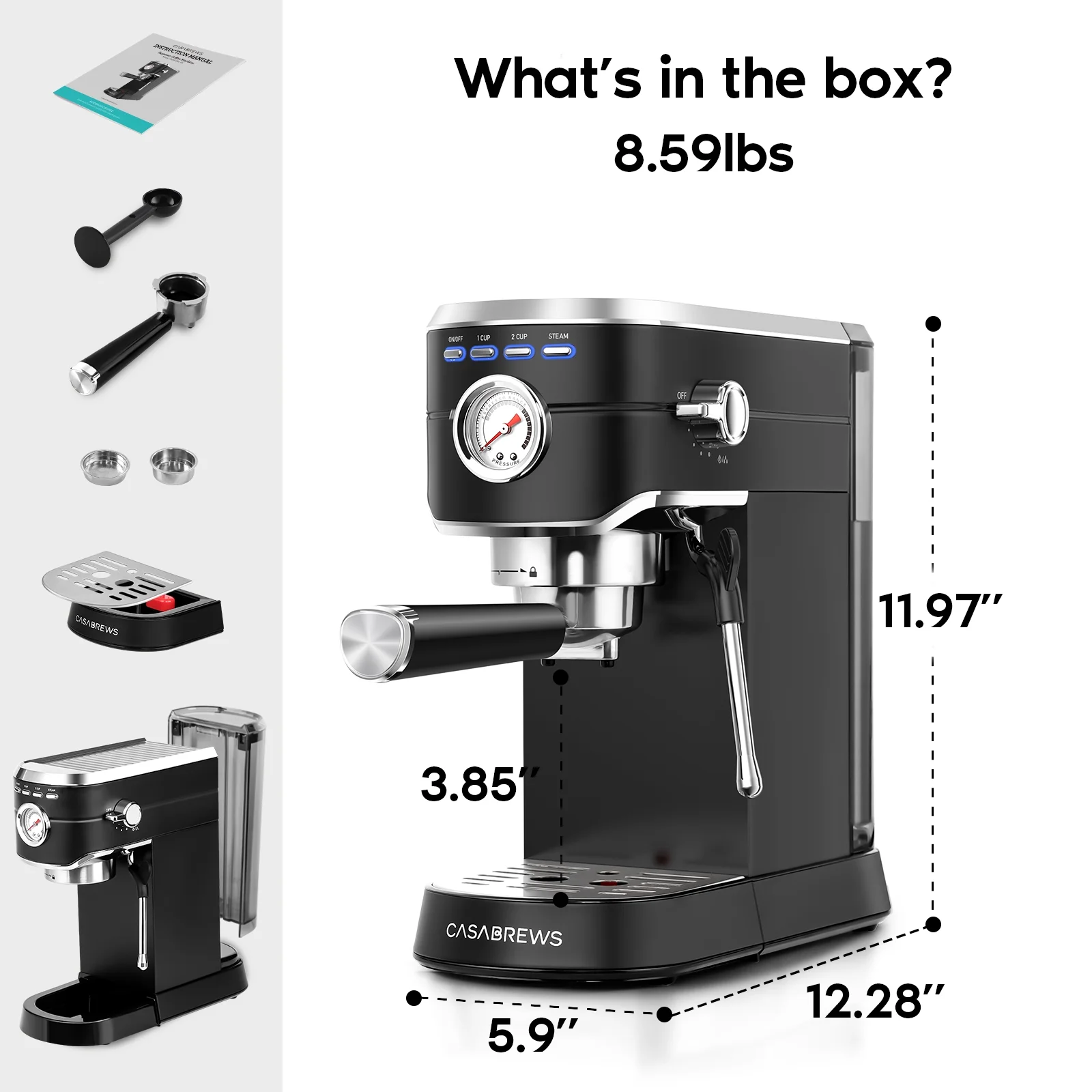 Casabrews 20 Bar Espresso Machine with Milk Frother Steam Wand, Professional Coffee Machine, Stainless Steel, Black