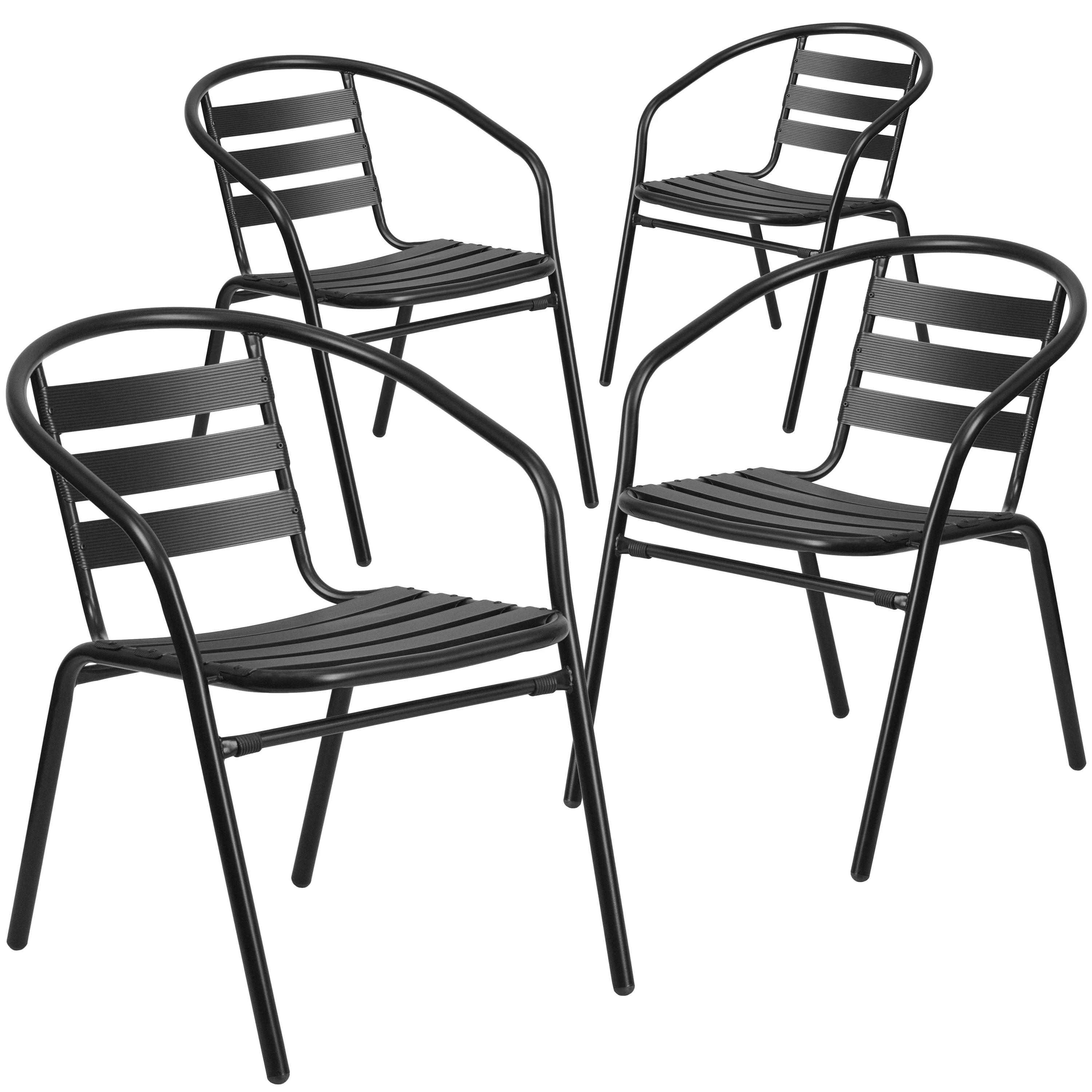 Flash Furniture Modern Aluminum Slat Back Stacking Outdoor Restaurant Chairs, Set of 4, Black