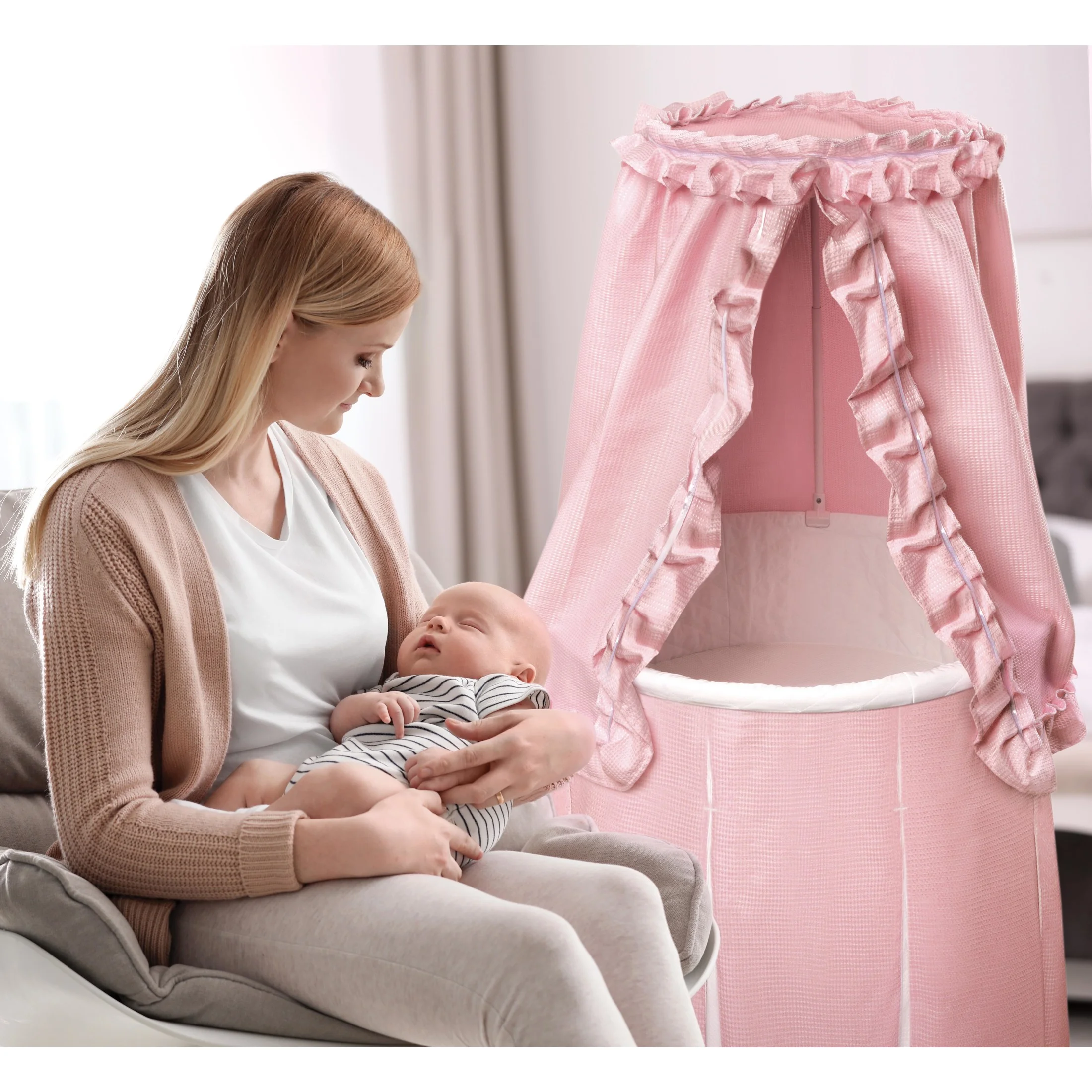 Badger Basket Empress Round Baby Bassinet with Canopy - Pink Bedding with White Pleats