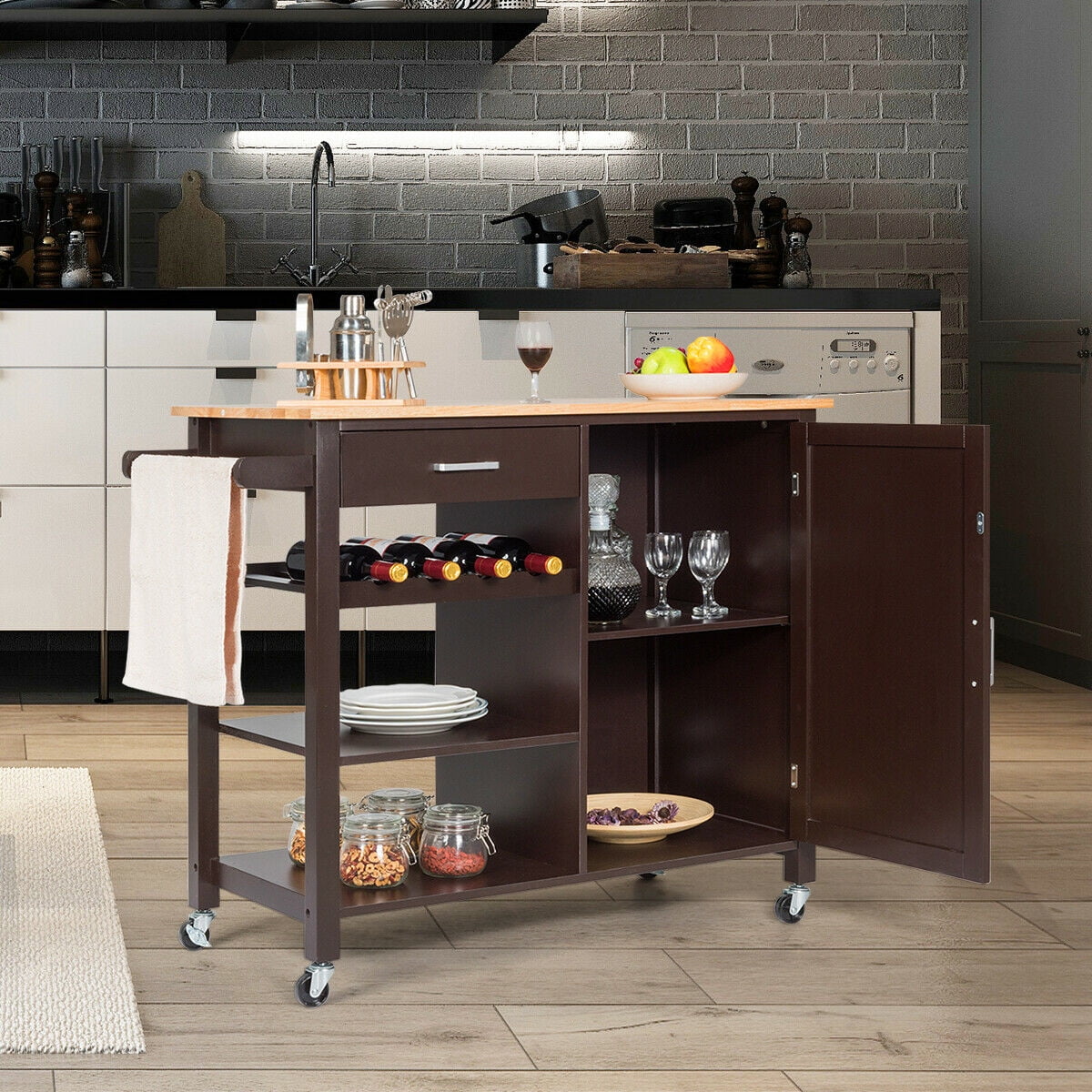 Giantex Kitchen Island Cart Rolling Serving Cart Wood Trolley with Drawer, Storage Cabinet, Wine Bottle Rack, Towel Rack and Lockable Wheels (Brown)