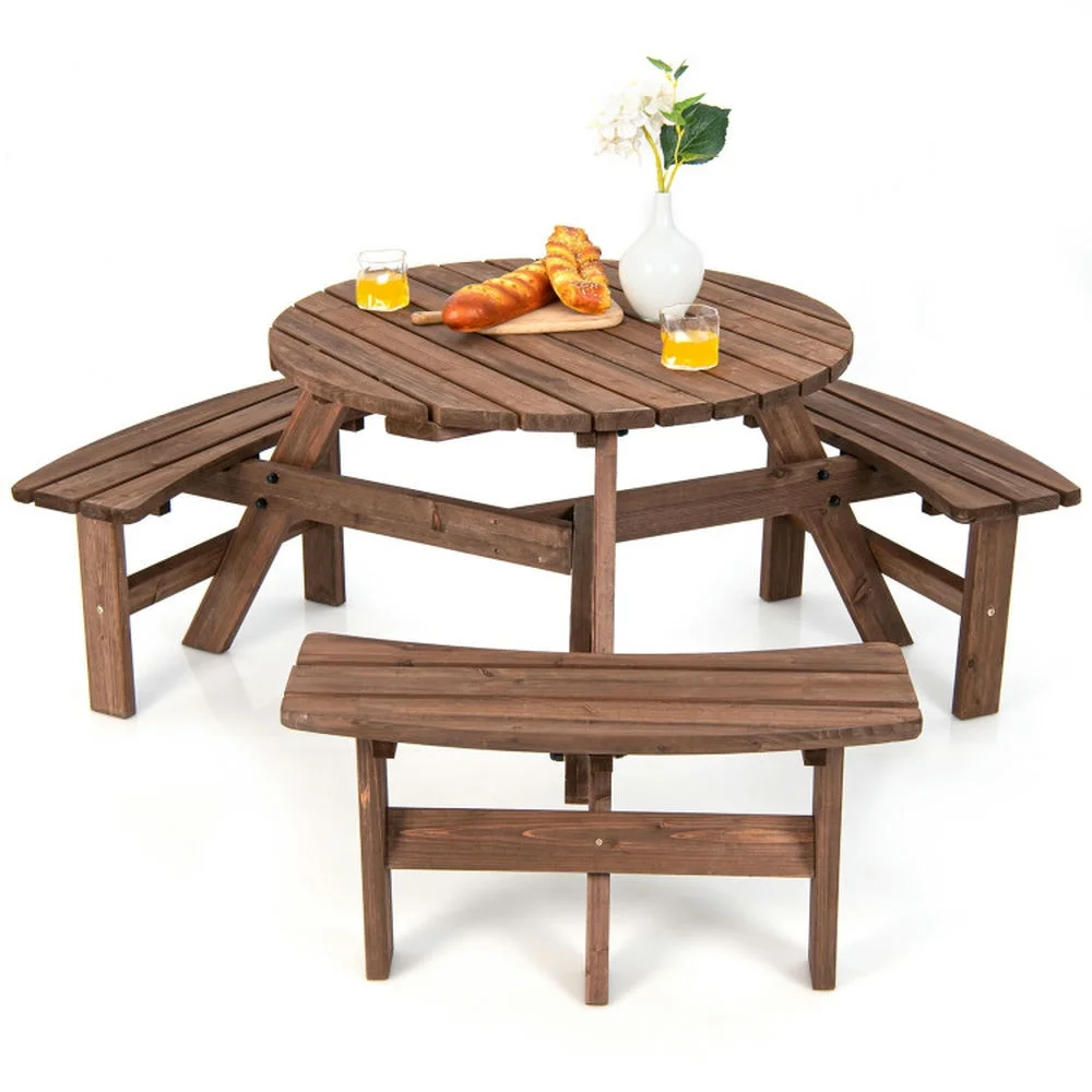 Kepooman Picnic Table, Camping Table, 6 Person Wooden Picnic Table Set with Bench and Umbrella Hold