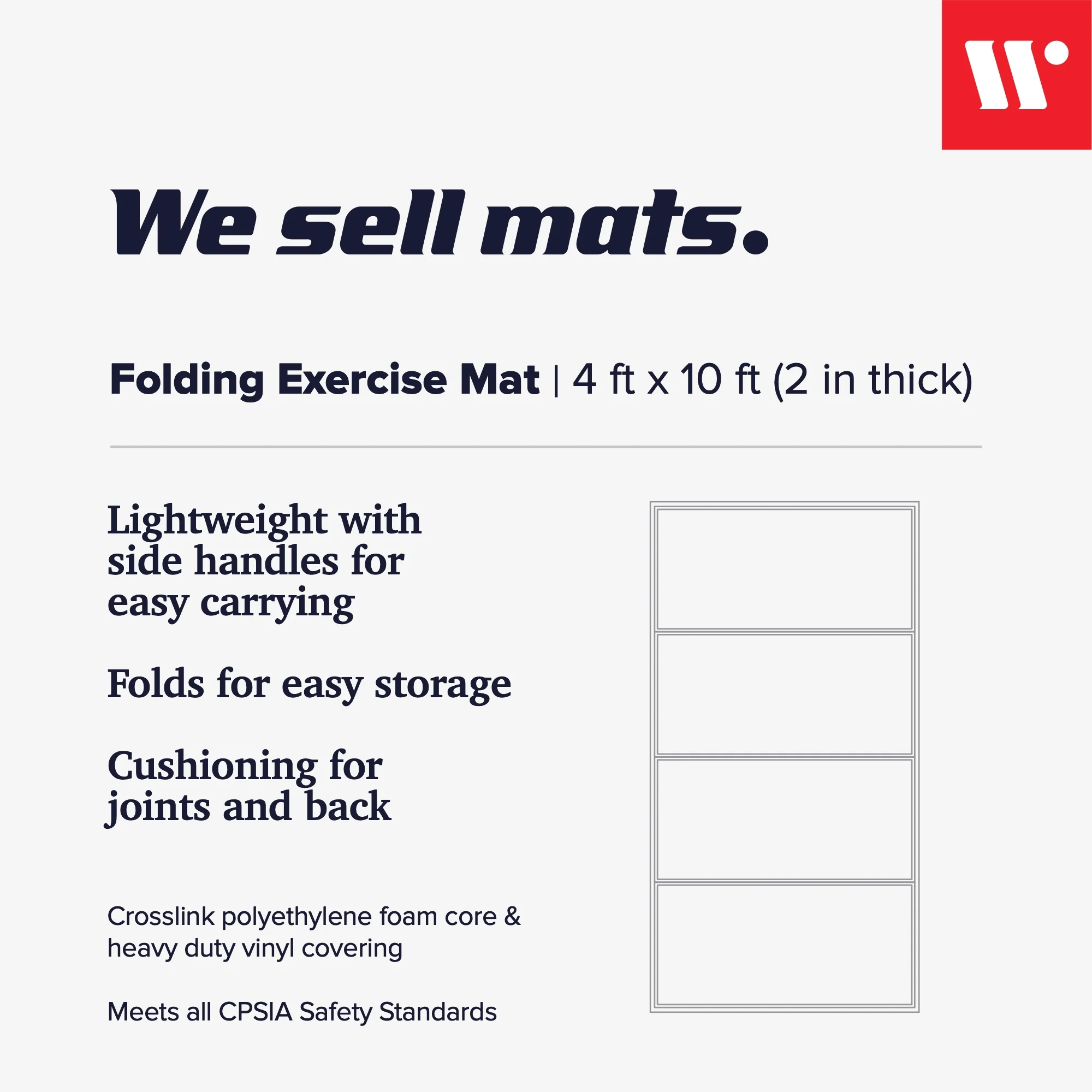 We Sell Mats 4 ft x 10 ft x 2 in Personal Fitness & Exercise Mat, Lightweight and Folds for Carrying