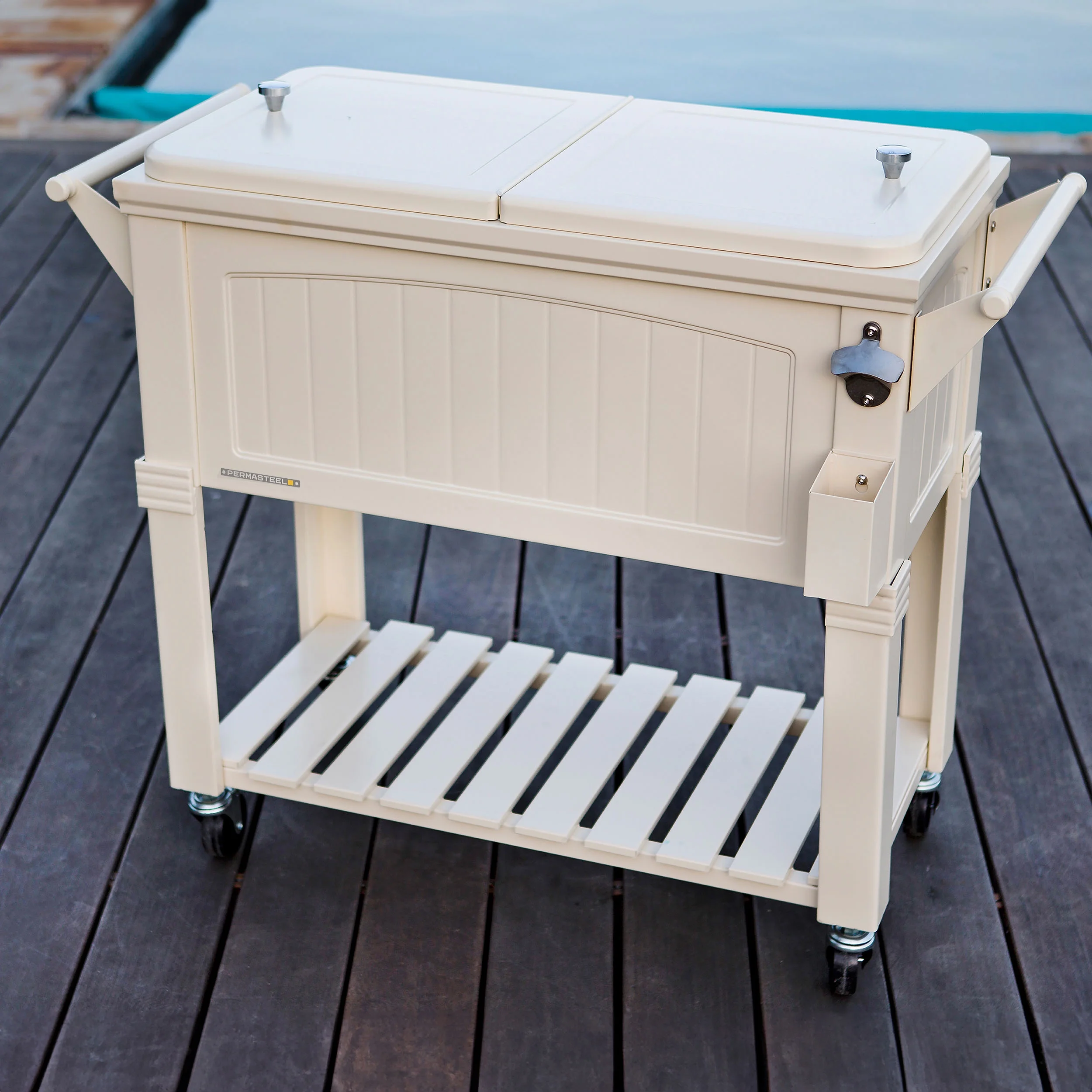 Permasteel 80-Qt Antique Outdoor Steel Patio Cooler on Wheels, Rolling Cooler Cart, Wooden Teak Style, Cream