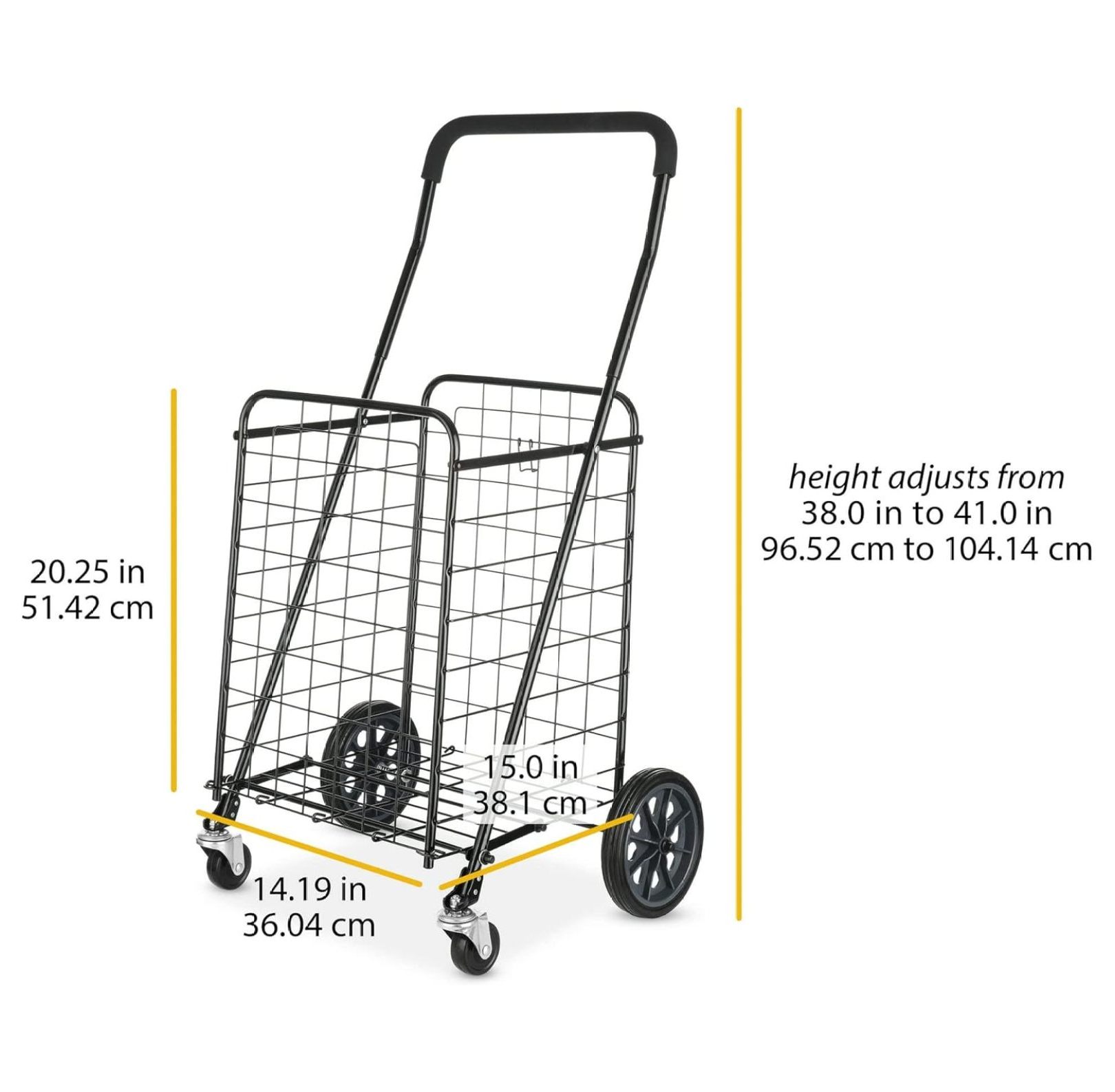 Shopping Cart with Dual Swivel Wheels for Groceries, Foldable and Adjustable Handle Height, Black