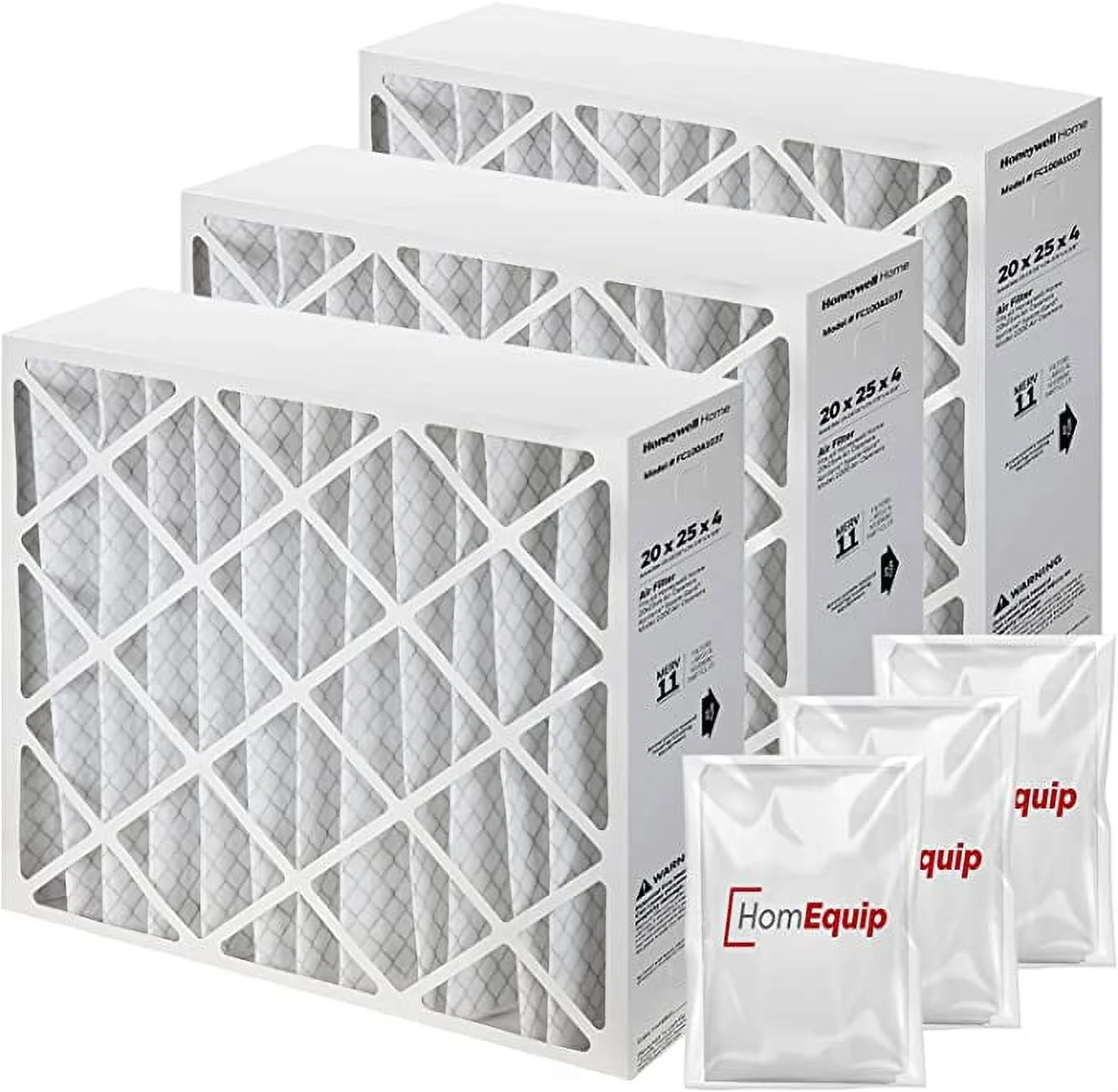 Honeywell FC100A1037 Furnace Filters, 20x25x4 Air Filter Replacement Merv 11 Filter Media with Homequip Disposal Bag (3 Pack)