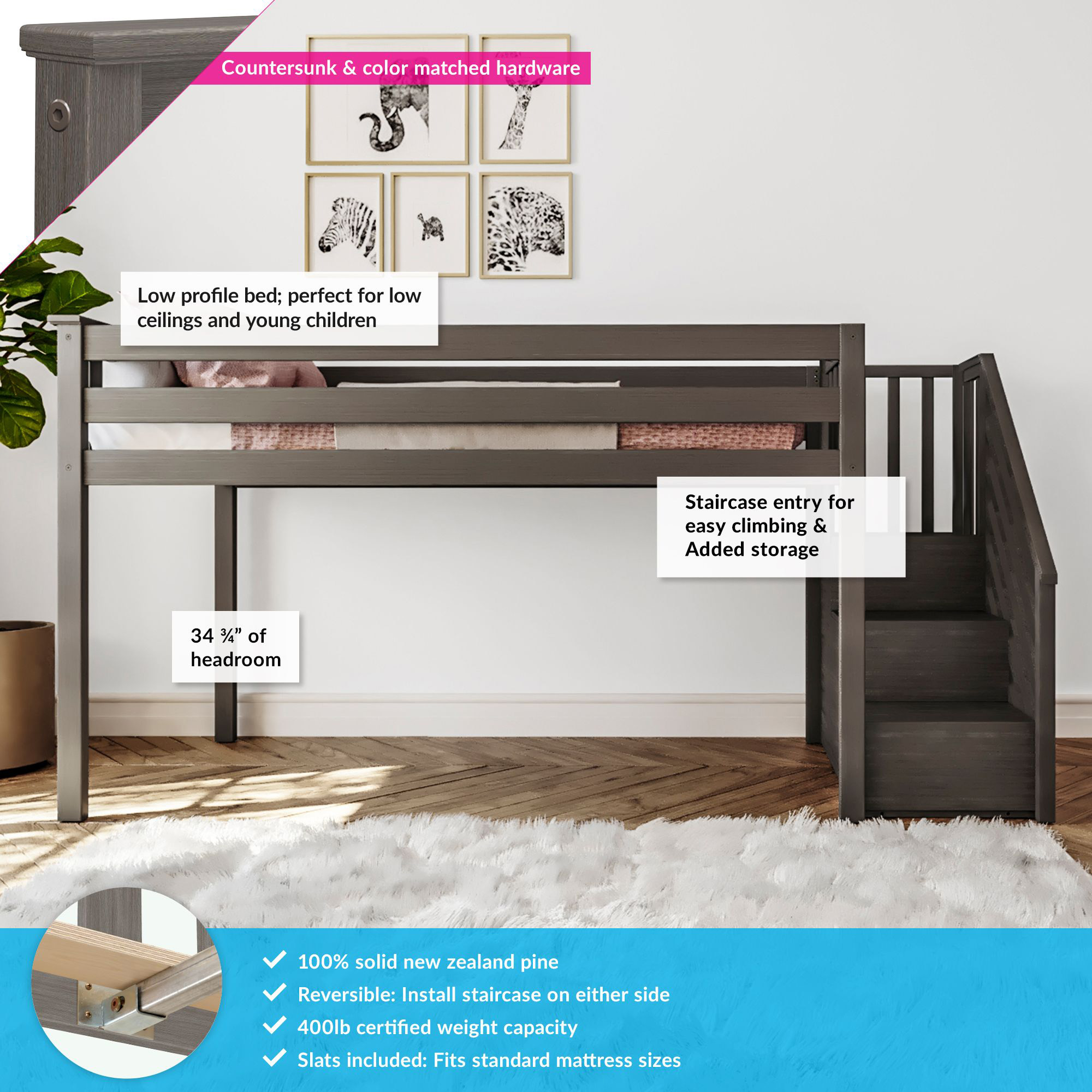 Max & Lily Twin Loft Bed with Stairs, Solid Wood Loft Beds with Ladder for Kids, Clay