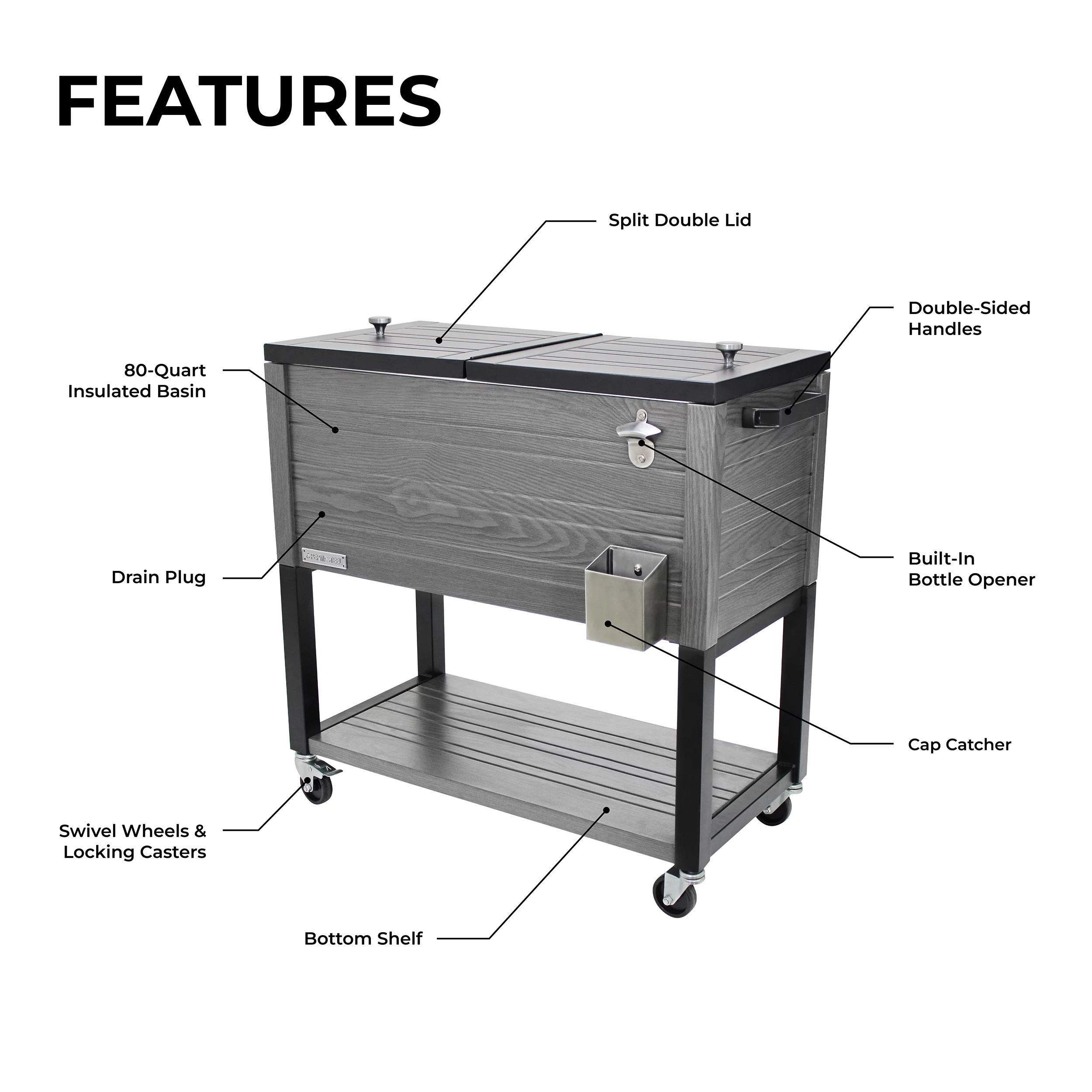 Permasteel 80 Quart Patio Cooler with Wheels, Rolling Outdoor Cooler, Wood Grain Accent, Gray