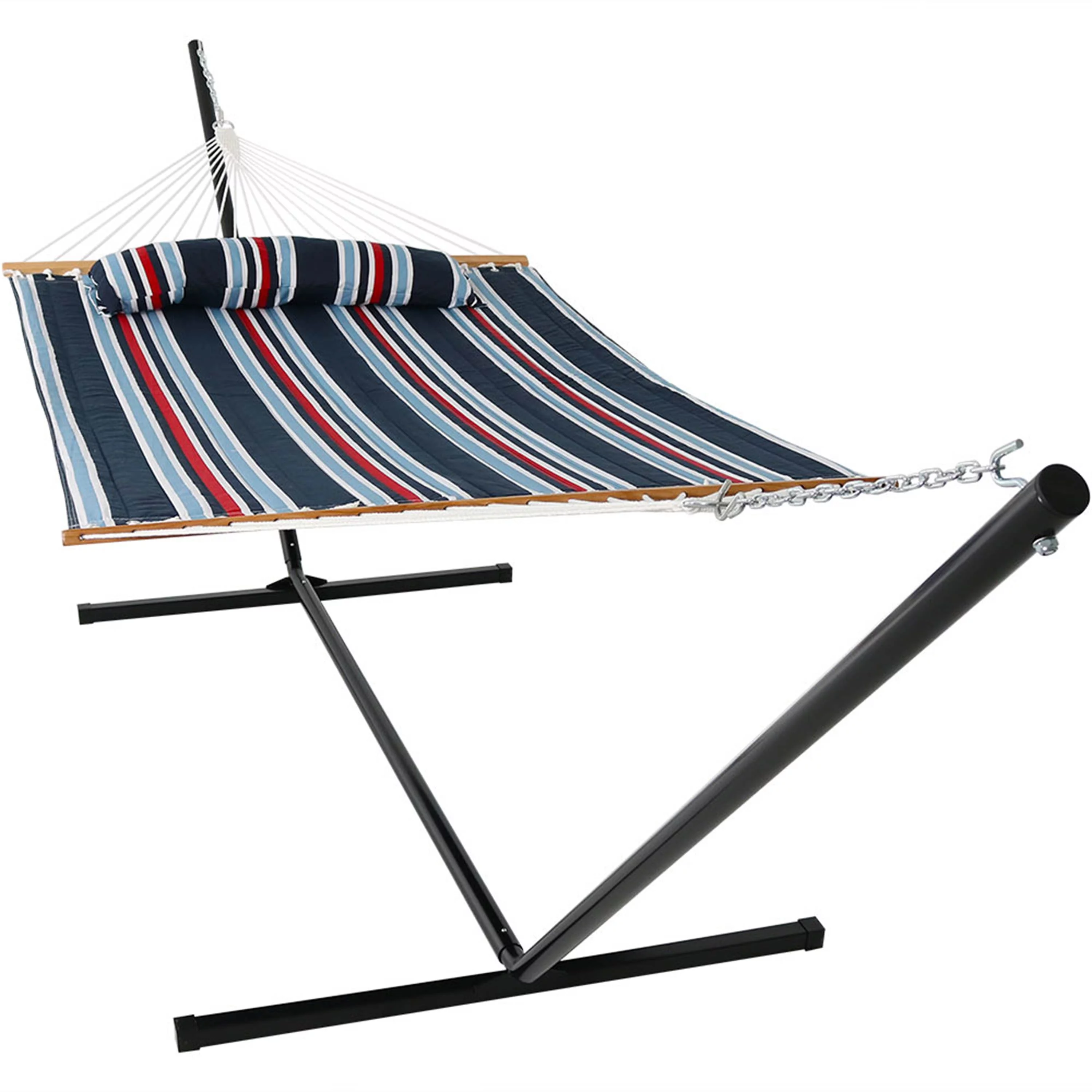 Sunnydaze 2-Person Freestanding Quilted Fabric Hammock with 15' Stand - Nautical Stripe