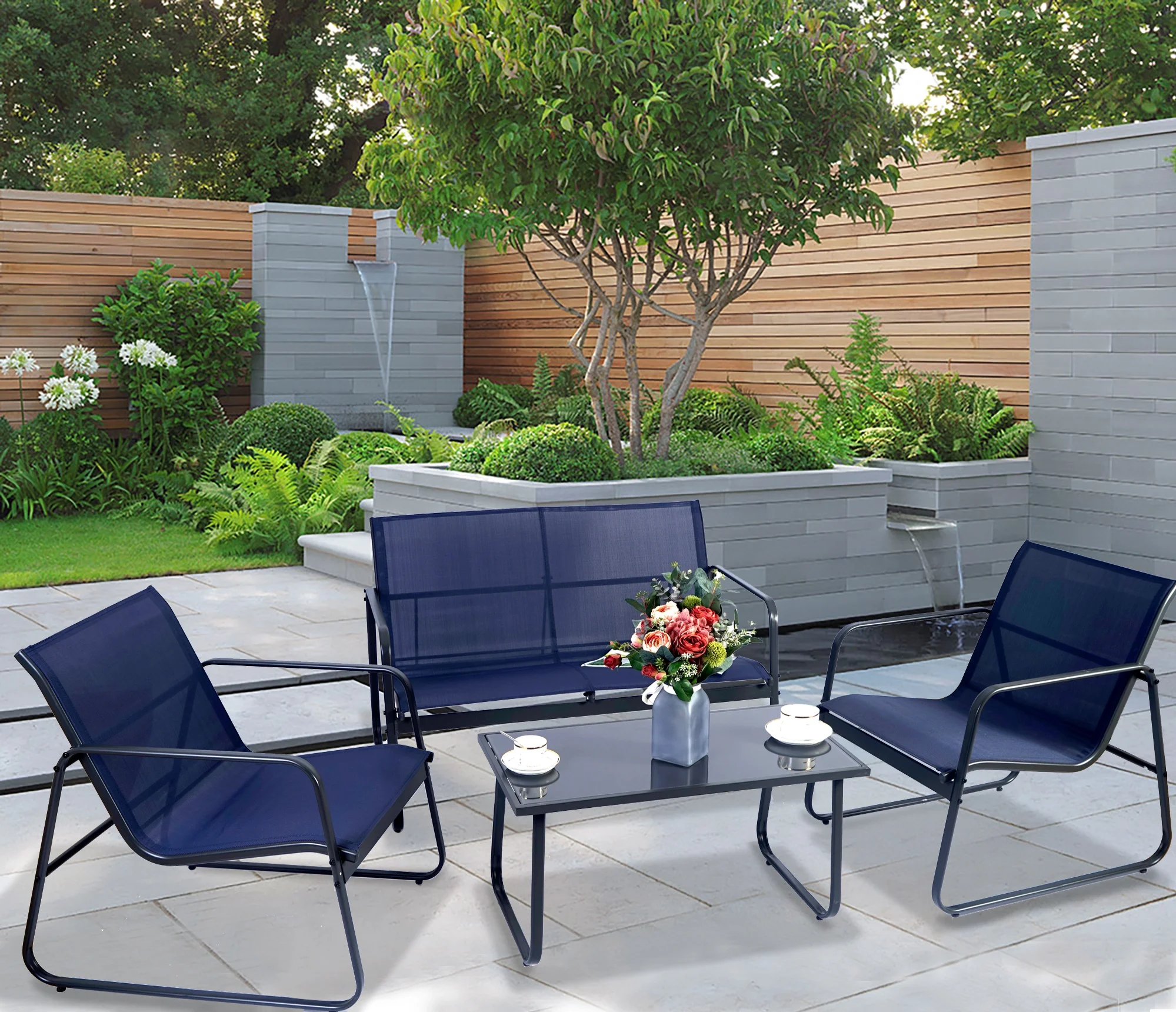 Kozyard Sofia Outdoor Metal Conversation Set 1 Love Seat, 2 Chairs and 1 Table ( Navy Blue )