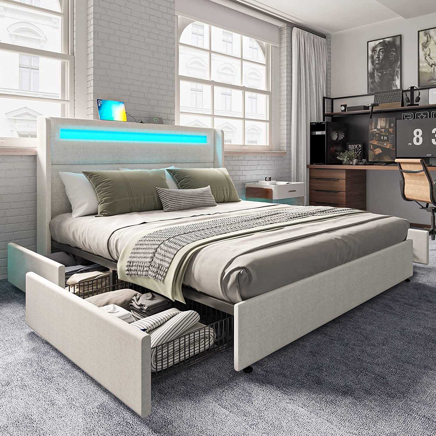AMERLIFE Full Upholstered Bed Frame with RGBW LED Headboard, 4 Storage Drawers & USB Ports, Cream