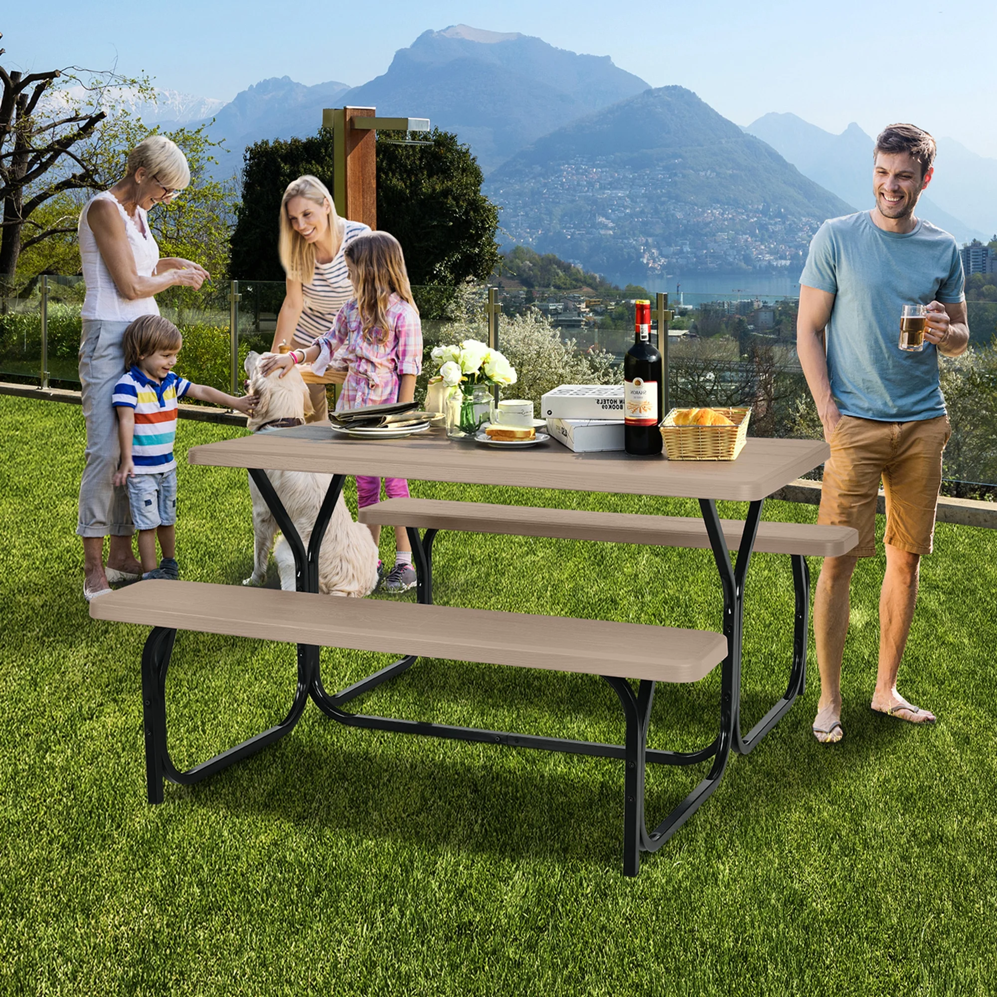 Costway Picnic Table Bench Set Outdoor Backyard Patio Garden Party Dining All Weather Brown