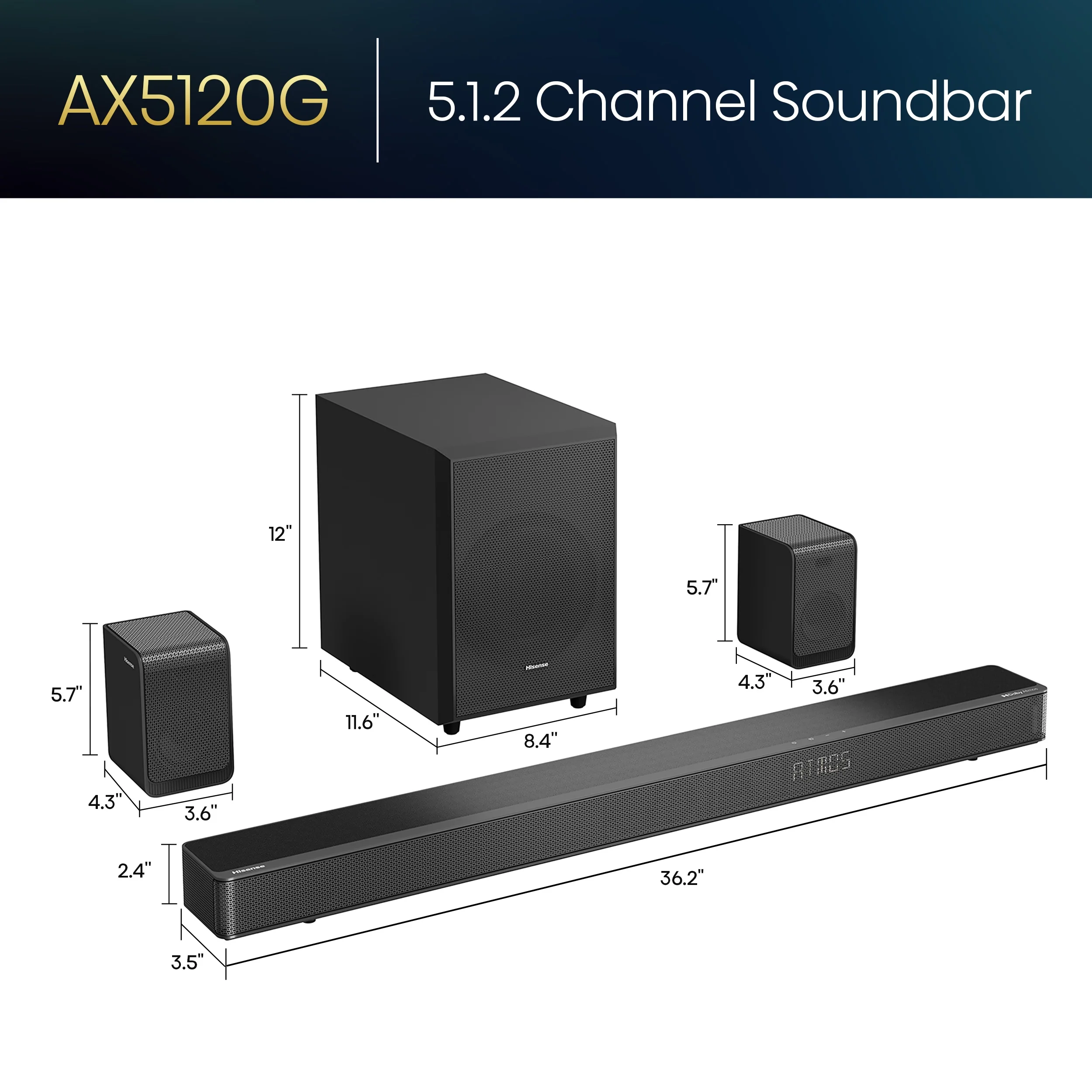 Restored Hisense AX Series 5.1.2 Ch 420W Soundbar with Wireless Subwoofer, Wireless Rear Speakers, and Dolby Atmos (AX5120G, 2023 Model) (Refurbished)