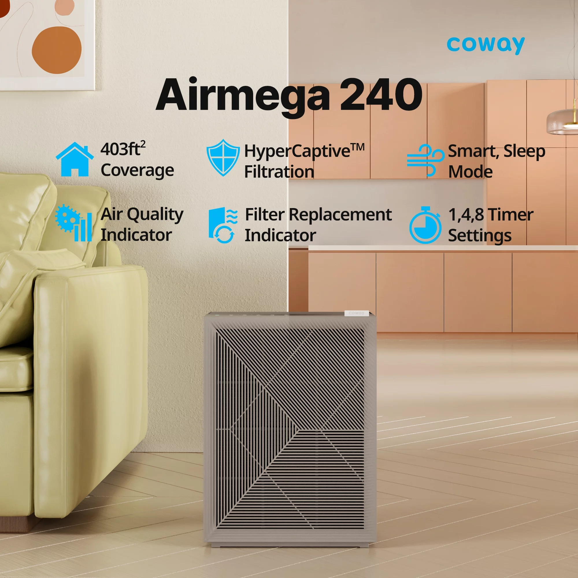 Coway Air Purifier Airmega 240 True HEPA 3-Stages Filtration System with 403 sq ft Coverage in Warm Gray, Auto & Sleep Mode