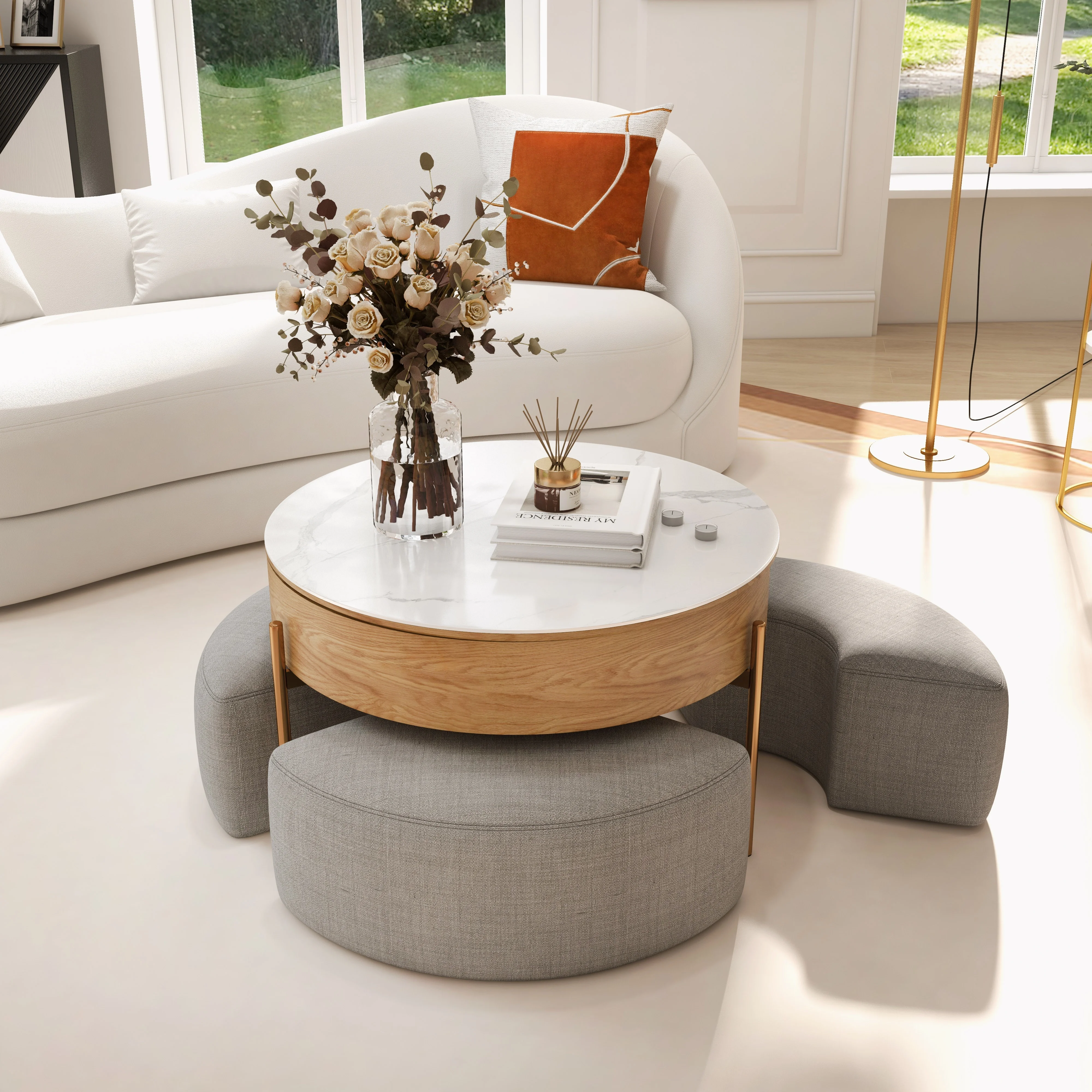 Homary Round Lift-Top Wood Coffee Table Set with Storage White & Natural with Stools