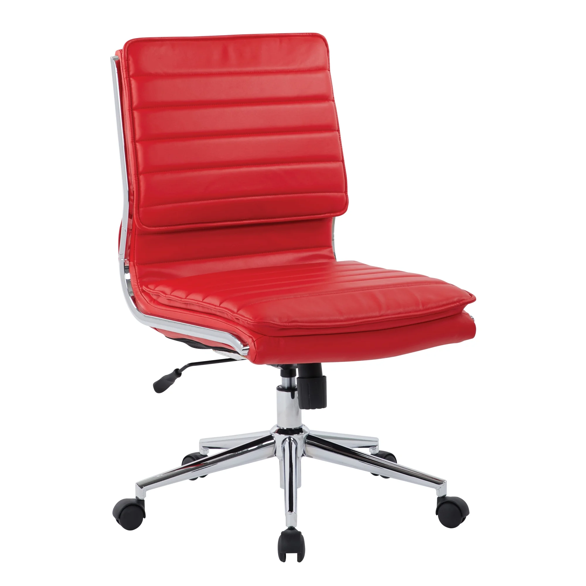 Office Star Products Armless Mid Back Manager's Faux Leather Chair in Red with Chrome Base