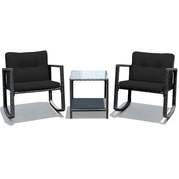 Topcobe 3 Pieces Patio Rattan Set Rocking Chair, Balcony Chairs, Small Patio Set, Black