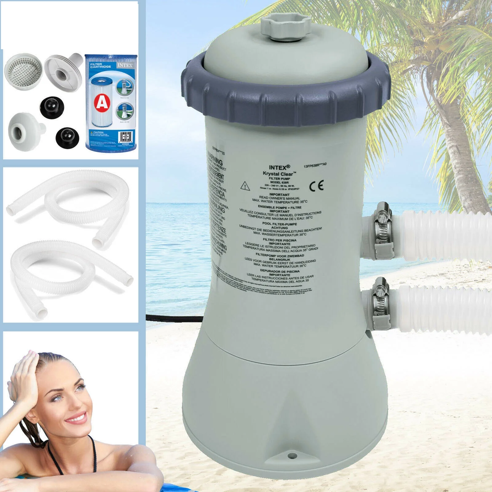 Clear Cartridge Filter Pump for Swimming Pool, 1000 Gal, CN AC 220V Circulating Pump