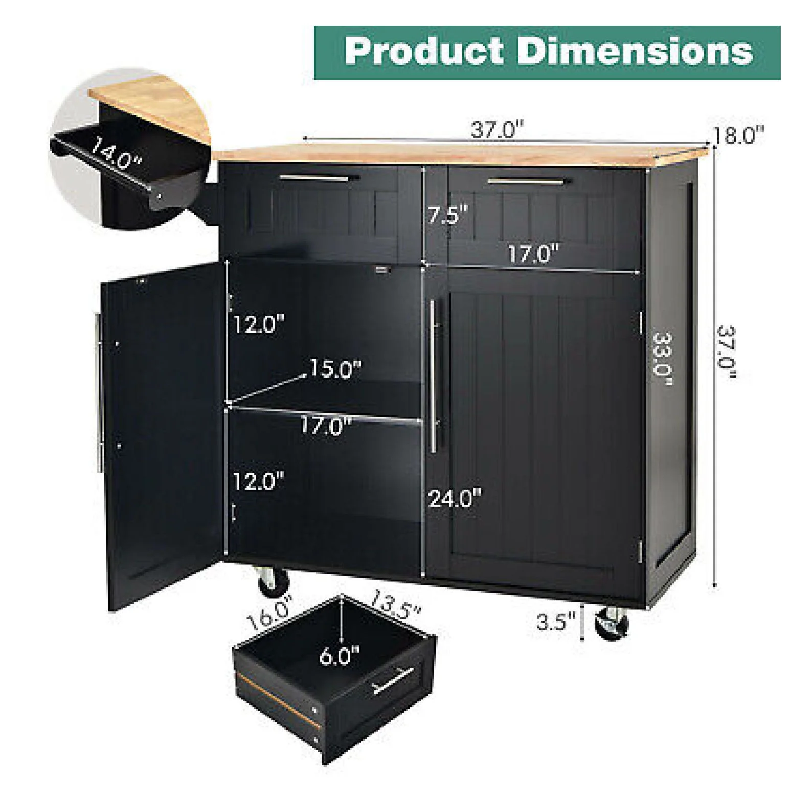 FENG20 Rolling Kitchen Cart Island Heavy Duty Storage Trolley Cabinet Utility Black