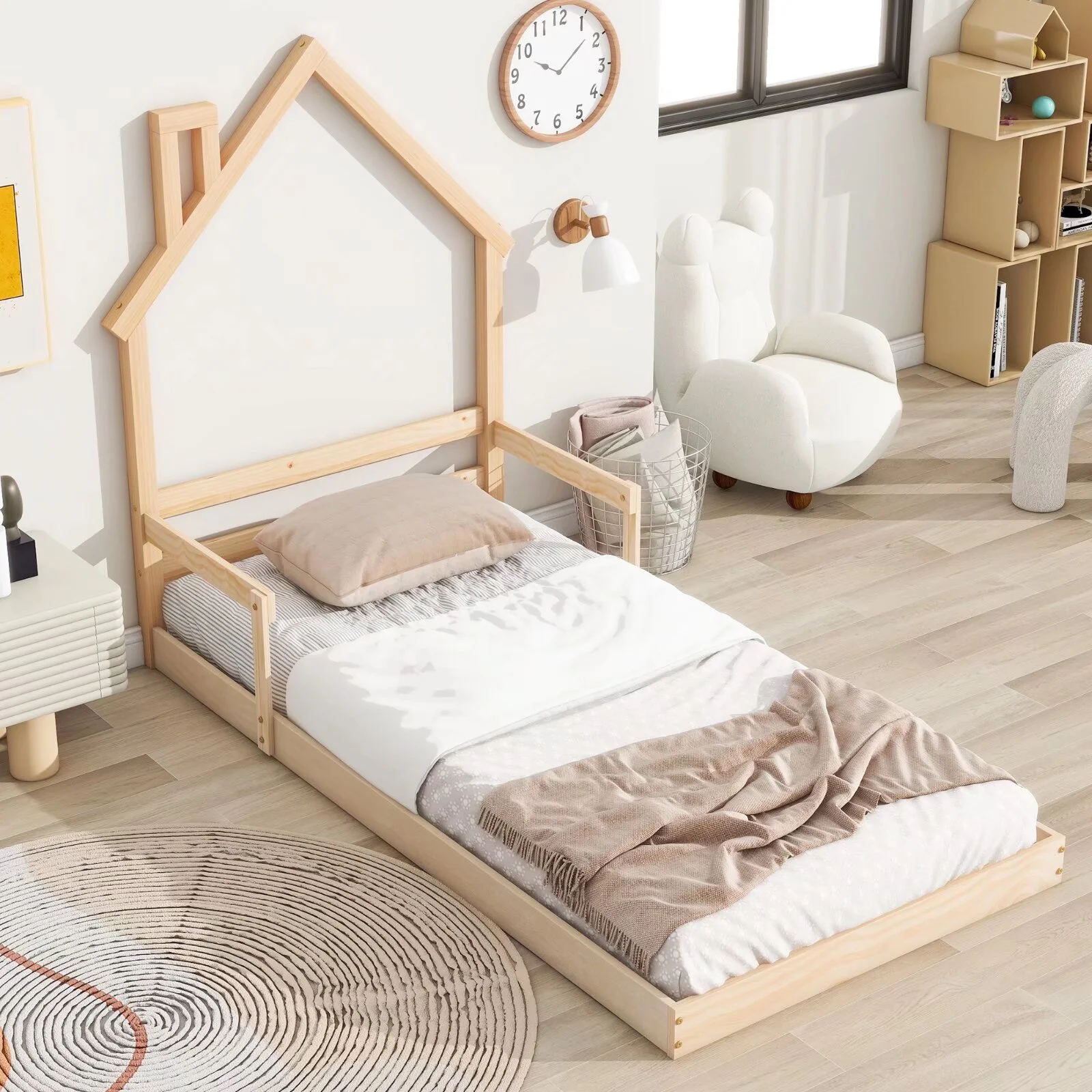 Twin Bed Frame Wooden Montessori Bed with House-Shaped Headboard and Guardrail Floor House Bed for Kids Boys Girls, 7 Slats Support, Natural