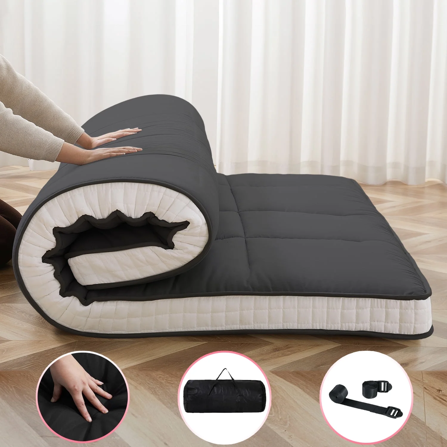NAIZEA Japanese Floor Mattress, Extra Thick Memory Foam Futon Mattress, Foldable Roll Up Sleeping Pad with Bandage and Storage Bag, Full, Black