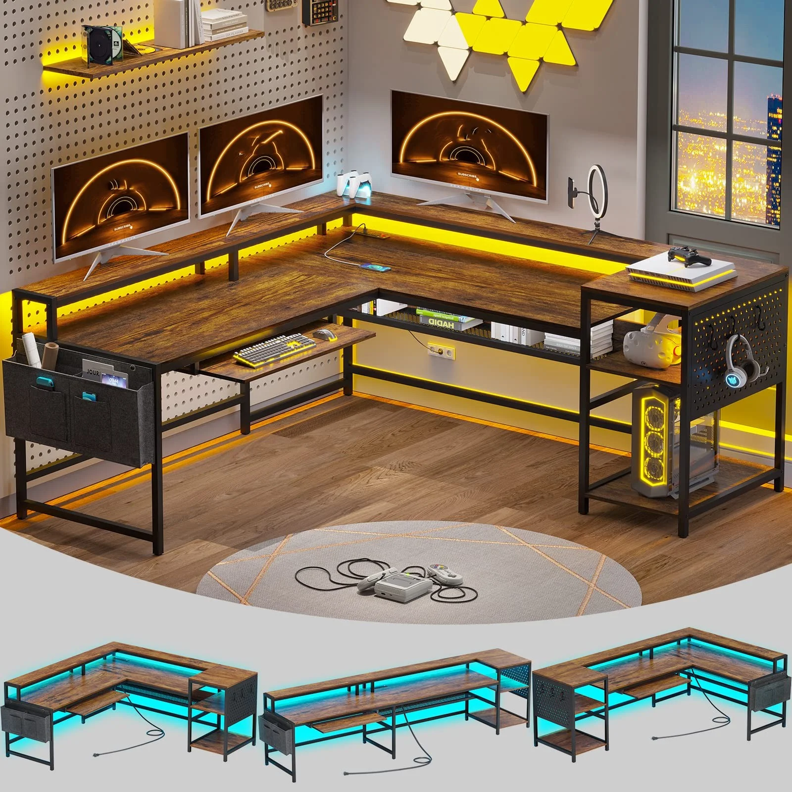 L Shaped Computer Desk with Power Outlets&LED Strip, Reversible Gaming Desk with Pegboard and Keyboard Tray for Home Office, Rustic Brown