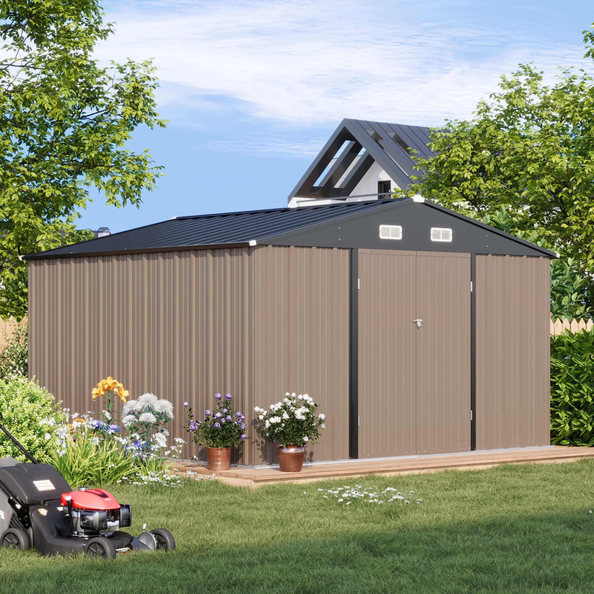 Patiowell 10 x 10 ft Outdoor Storage Metal Shed with Sloping Roof and Double Lockable Door, Brown