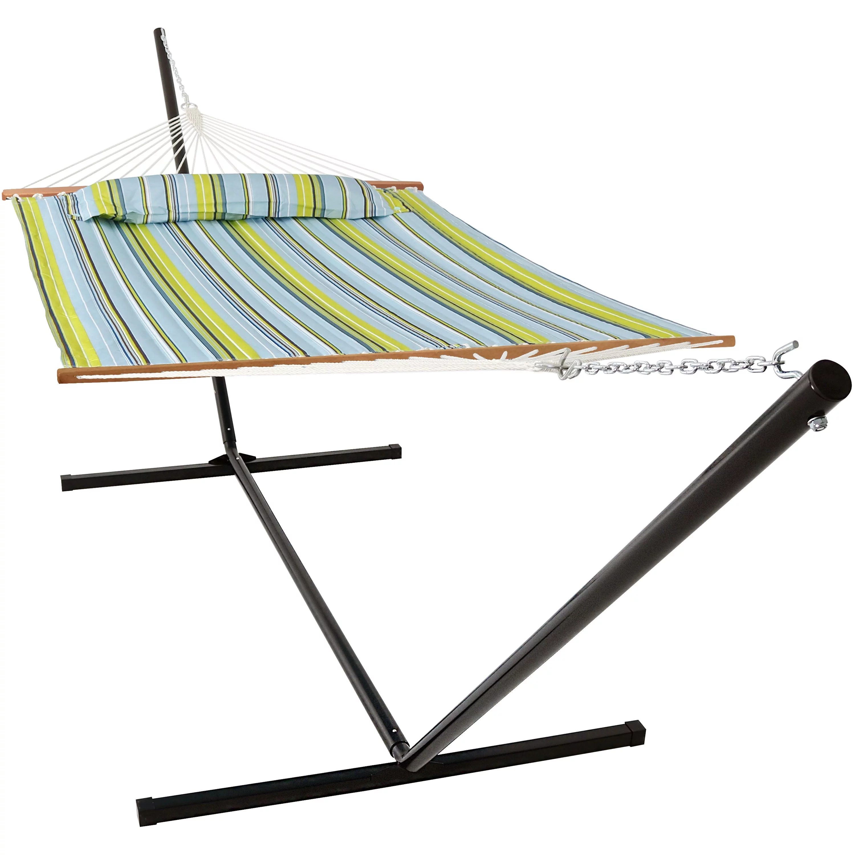 Sunnydaze 2-Person Freestanding Quilted Fabric Hammock with 15' Stand - Blue and Green