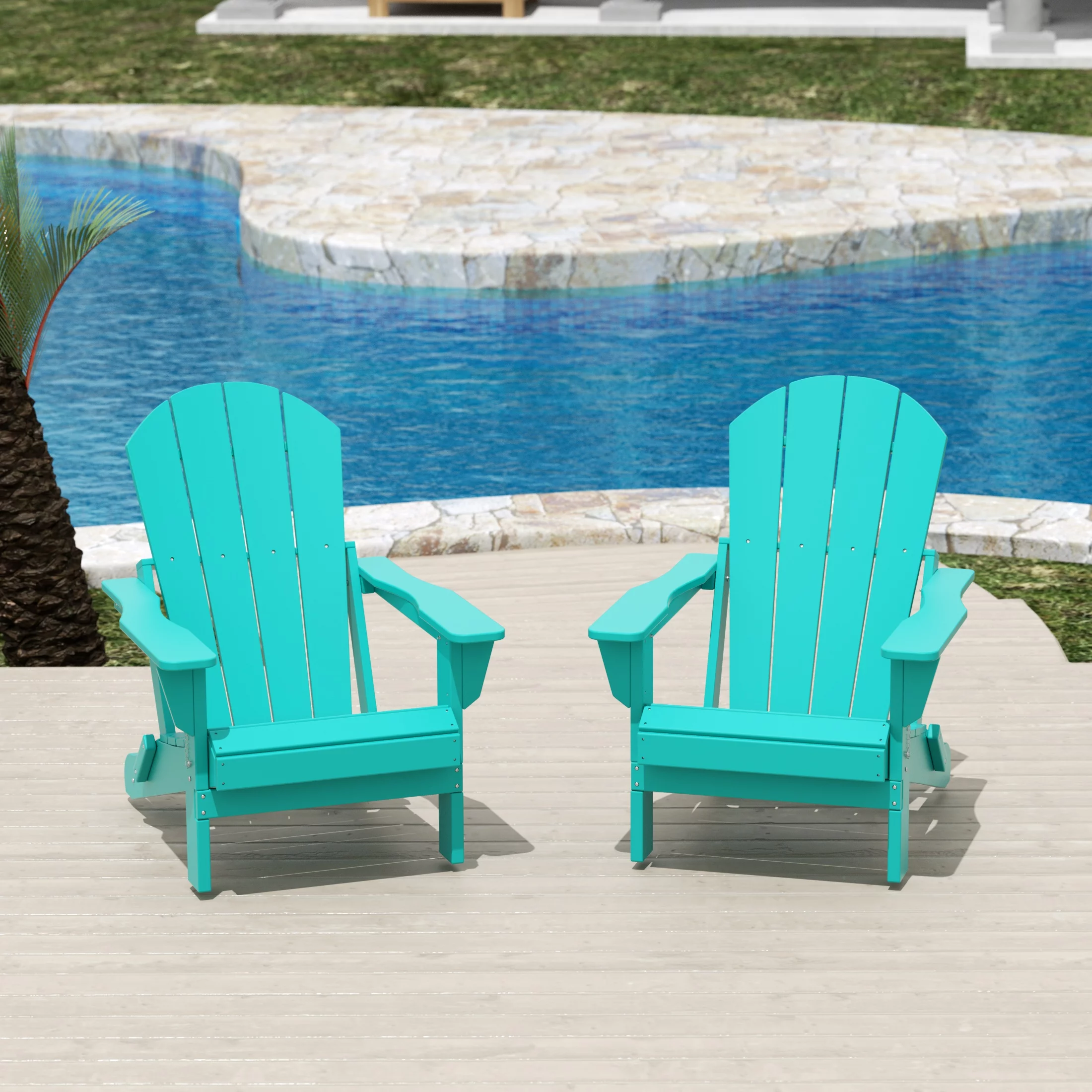 Costaelm Paradise Classic Adirondack Folding Adjustable Chair Outdoor Patio, HDPE, Weather Resistant, (Set of 2), Turquoise