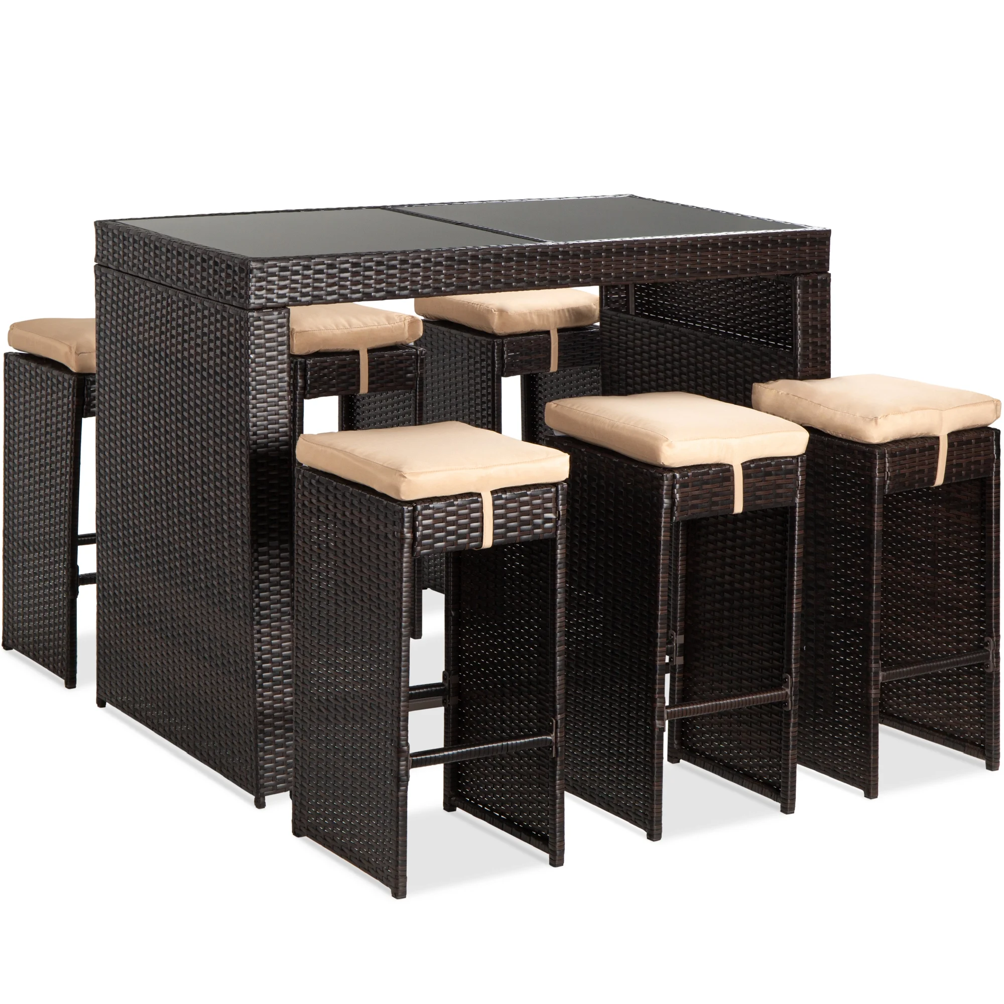 Best Choice Products 7-Piece Outdoor Wicker Bar Dining Set, Rattan Patio Furniture w/ Glass Table Top, 6 Stools - Brown