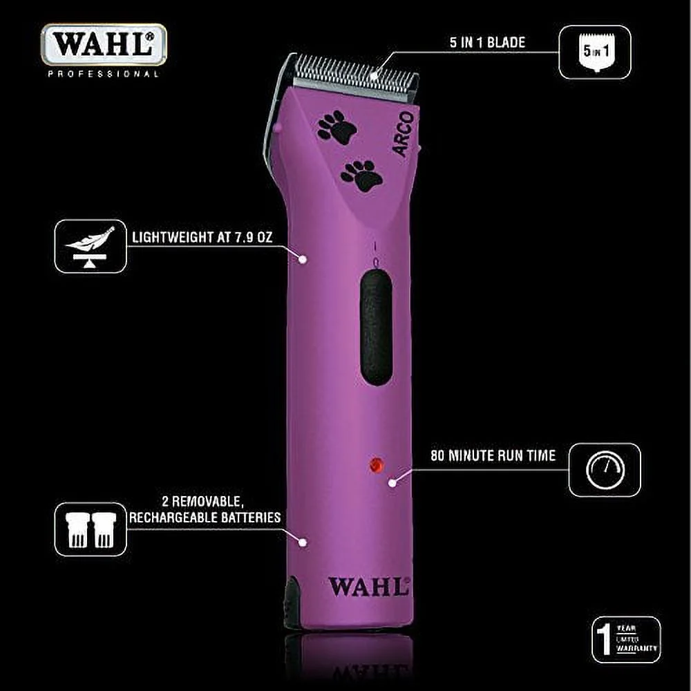 WAHL Professional Animal Arco Pet, Dog, Cat, and Horse Cordless Clipper Kit, Purple (8786-1001)