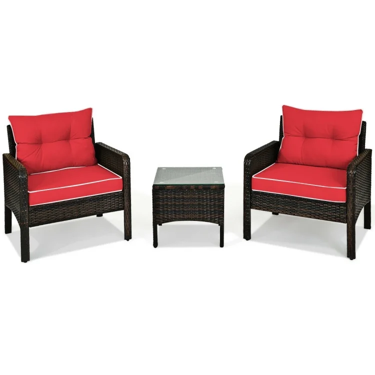 Topcobe 3 Pieces Outdoor Rattan Wicker Loveseat Furniture Set with Cushions, Small Patio Set, Red