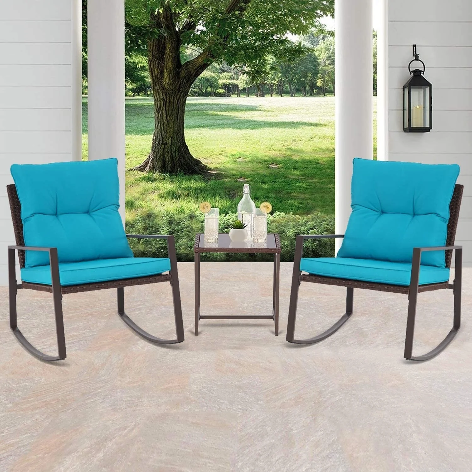 Havenside Home Pheap Outdoor Patio 3-piece Black/Brown Wicker Rocking Bistro Set by Brown/Baby Blue