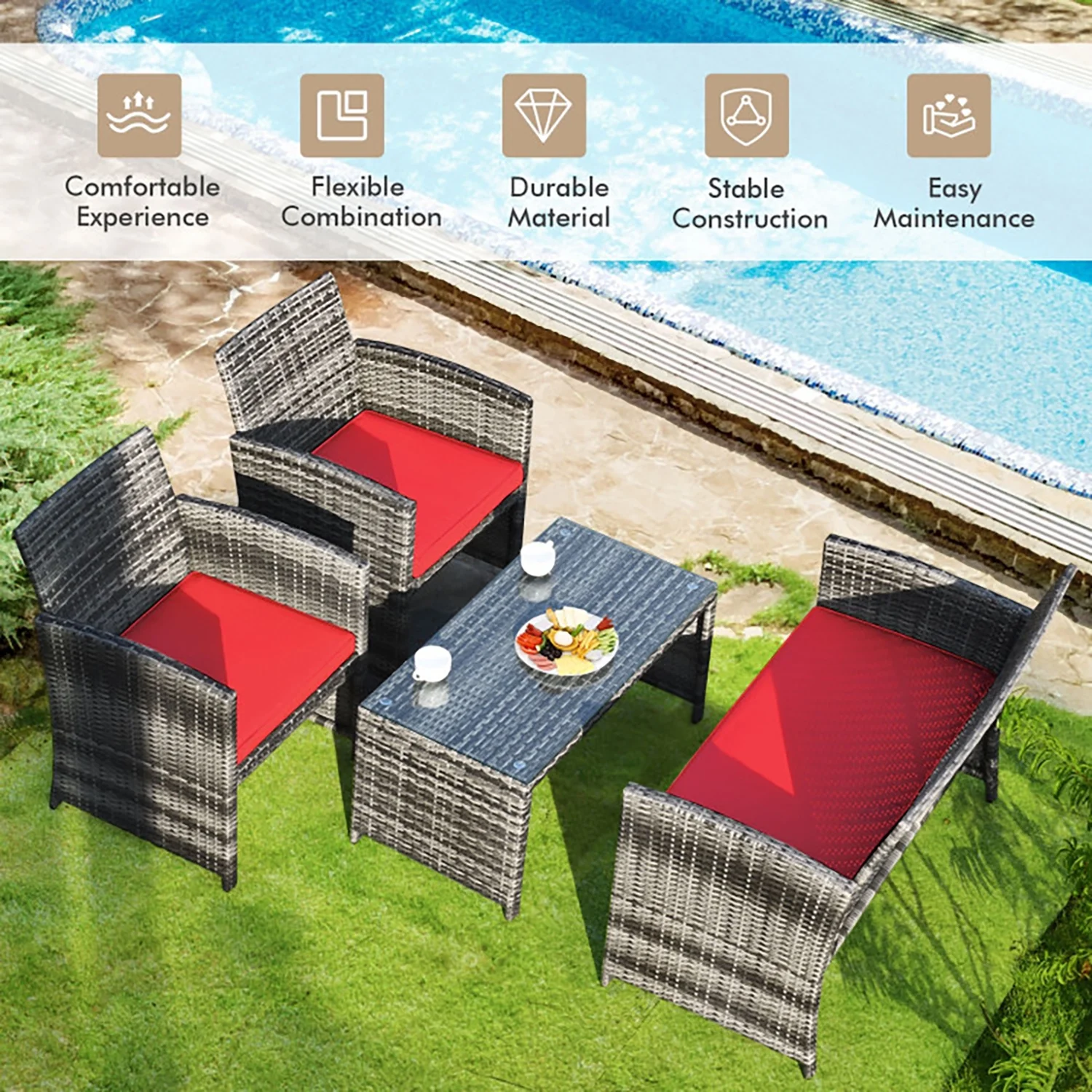 Yardi Yard 4 Pieces Patio Rattan Furniture Set, Outdoor Patio Furniture with Cushions-Red