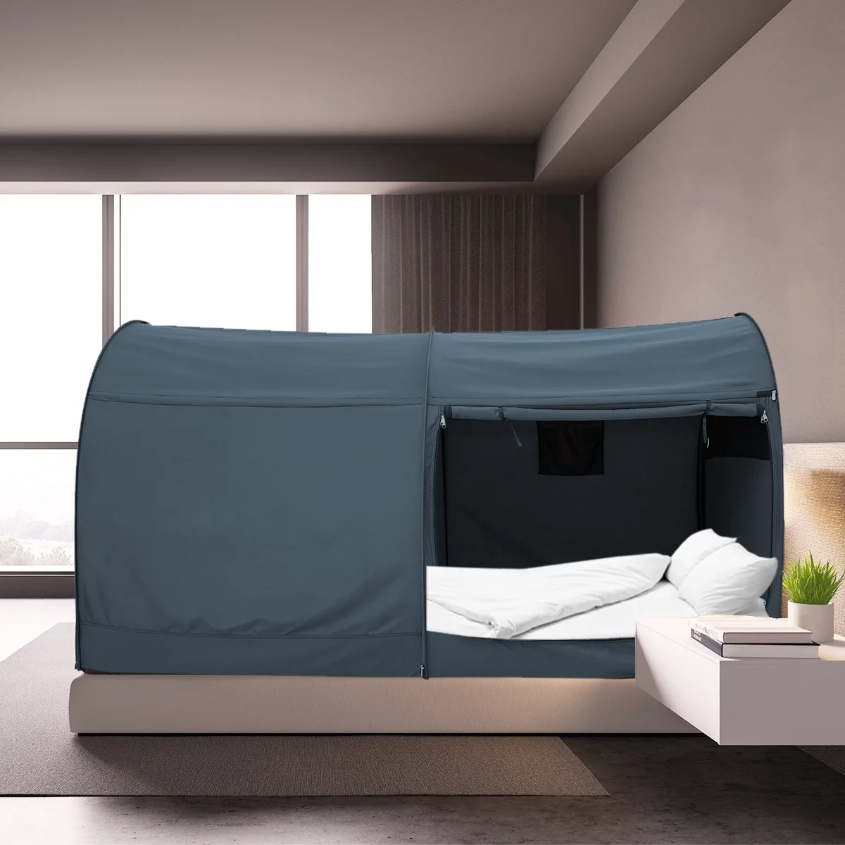 Bed Canopy Tents Privacy Space Queen Size Sleeping Tents Indoor Pop Up Curtains Grey Cottage (Mattress Not Included)
