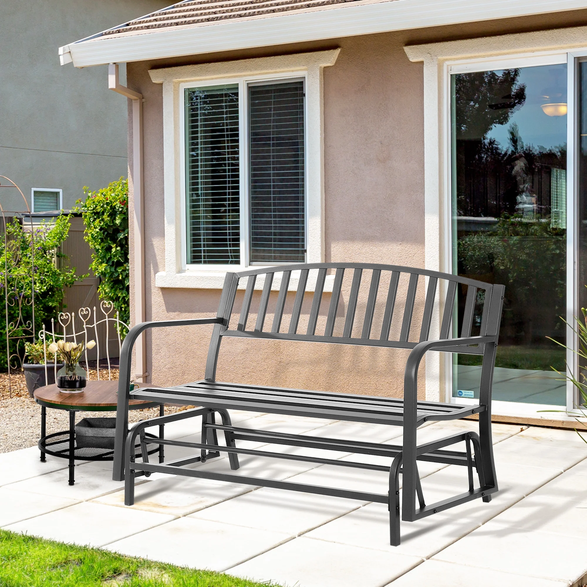 Outsunny Patio Glider Bench Outdoor Swing Rocking Chair Loveseat, Steel Frame, Black