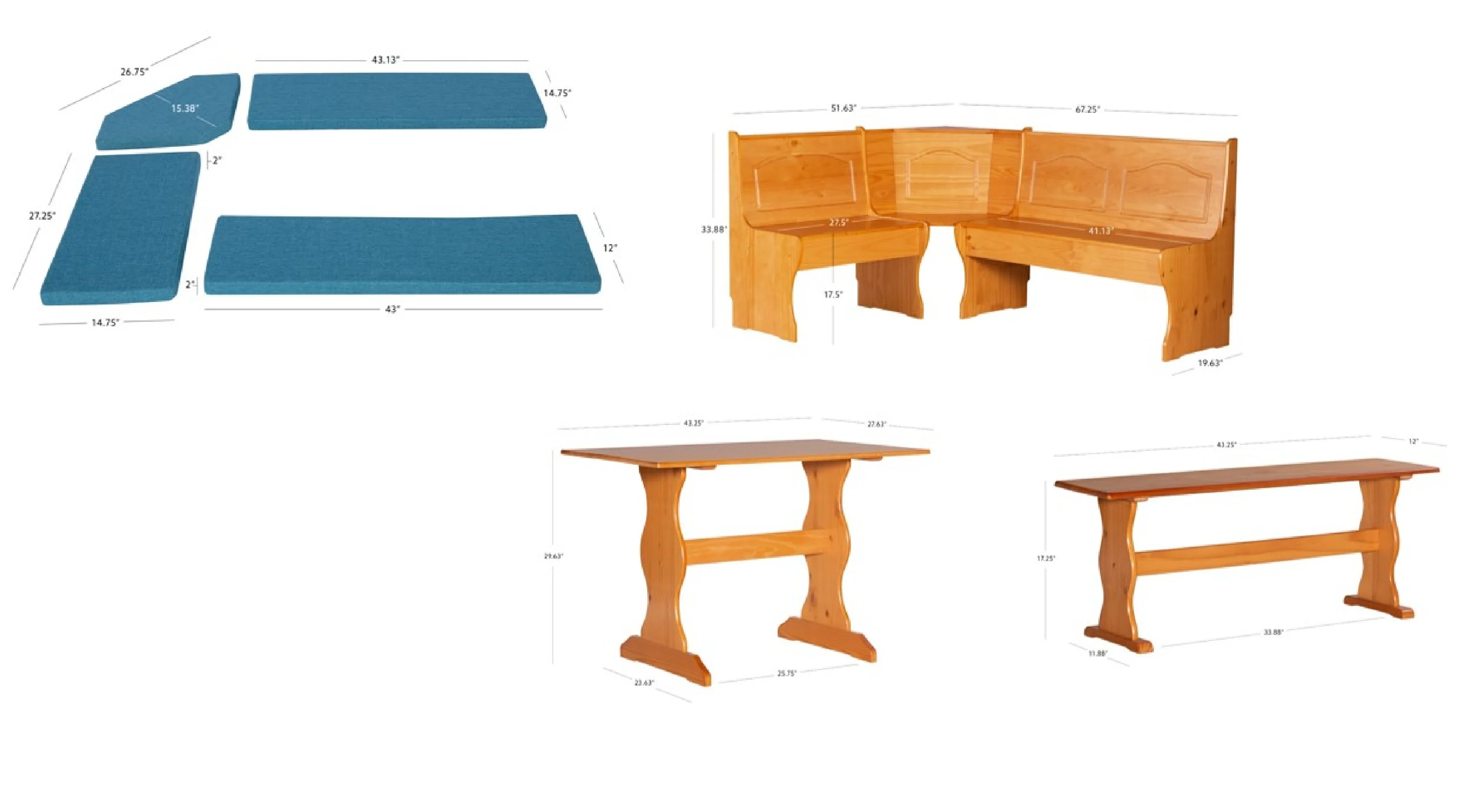 Linon Varden Corner Dining Nook, Bench and Table with 5-Piece Cushion Set, Natural Honey/Blue
