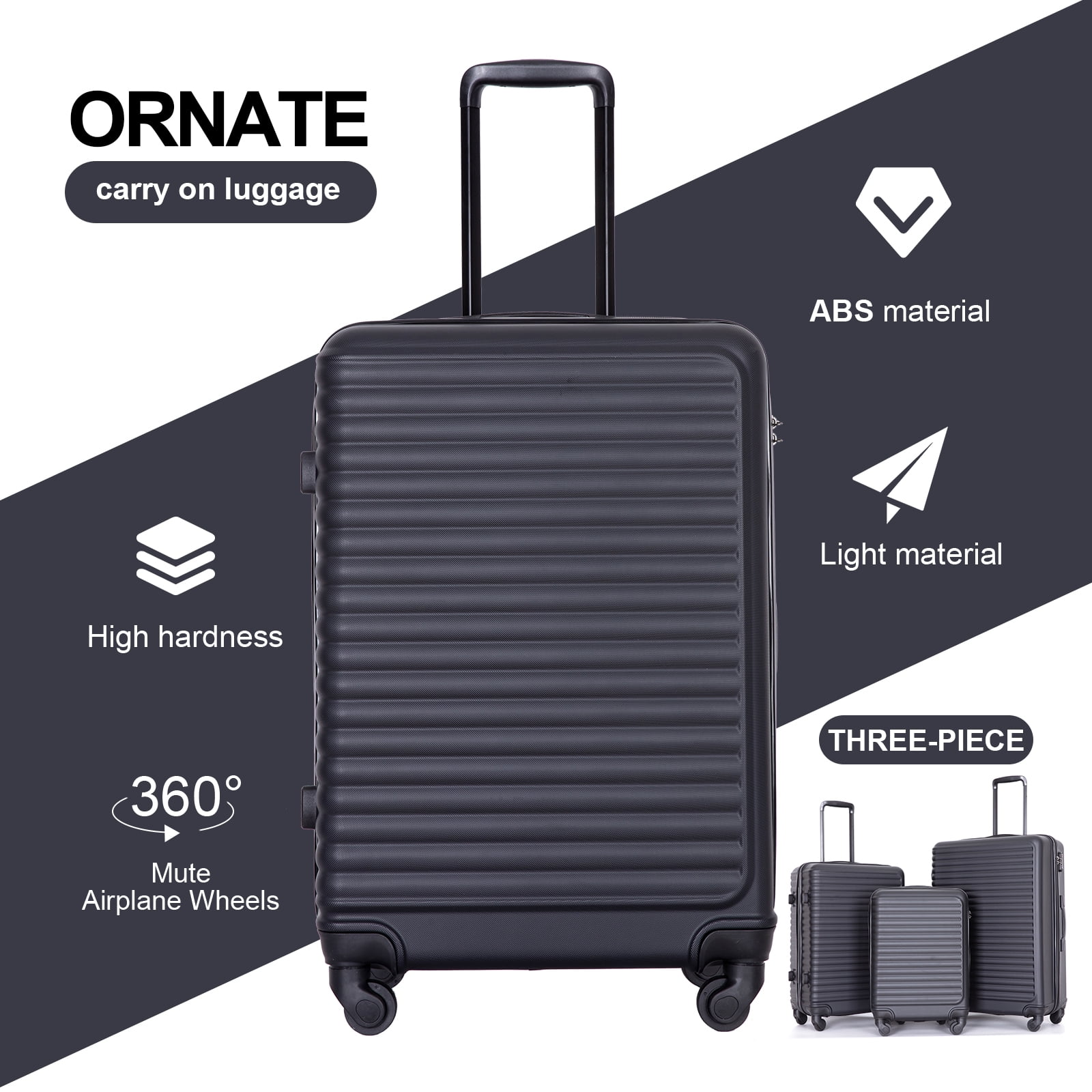 Travelhouse 3 Piece Hardside Luggage Set Hardshell Lightweight Suitcase with TSA Lock Spinner Wheels 20in24in28in.(Black)